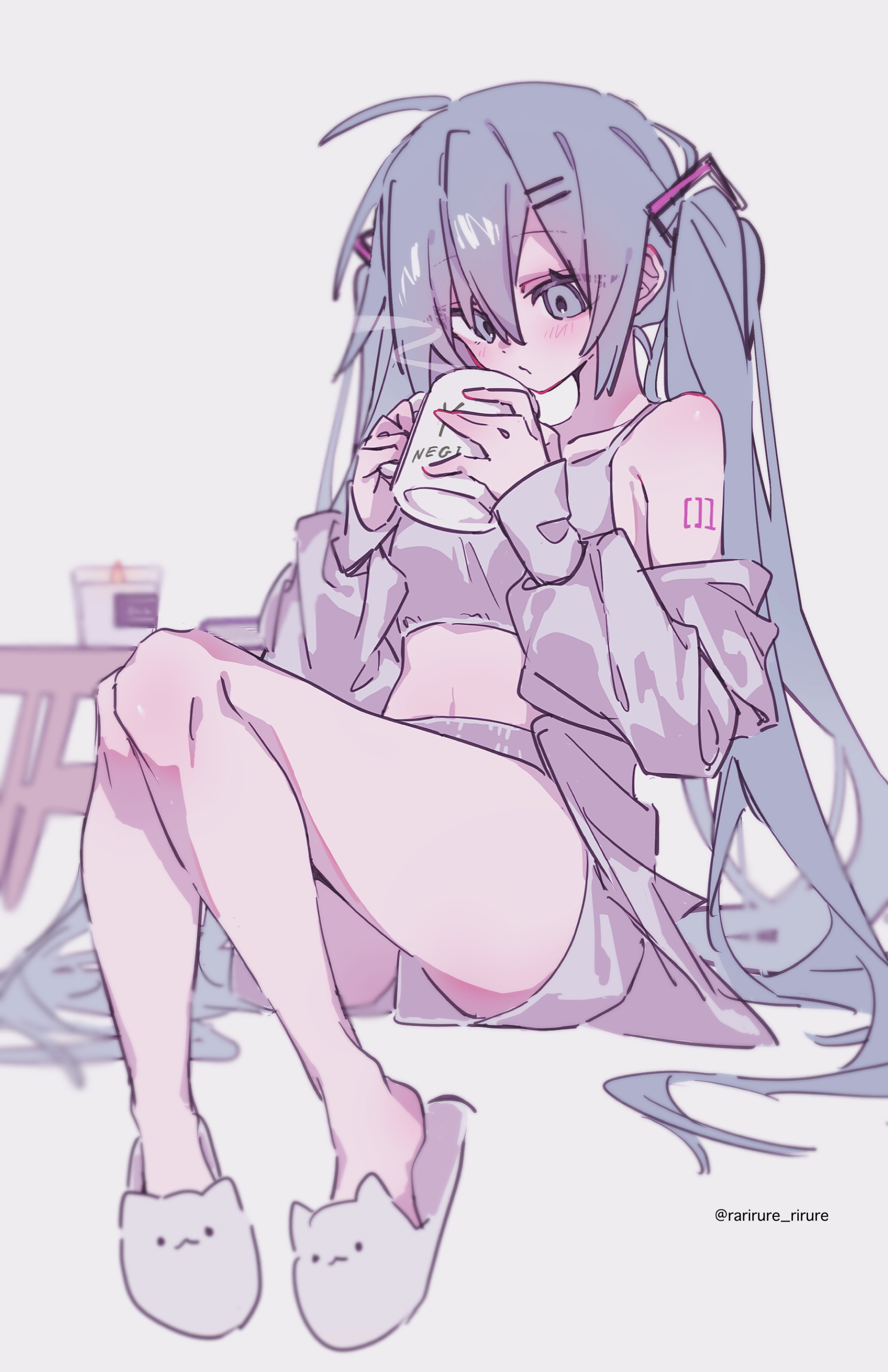 rarirure rirure, hatsune miku, vocaloid, absurdres, highres, 1girl, ahoge, animal slippers, arm tattoo, bare shoulders, blue eyes, blue hair, blush, breasts, camisole, cat slippers, crop top, cup, grey background, grey jacket, grey shirt, grey shorts, hair between eyes, hair ornament, hairclip, holding, holding cup, invisible chair, jacket, long hair, loungewear, midriff, off shoulder, shirt, shorts, sidelocks, sitting, slippers, small breasts, solo, steam, table, tattoo, twitter username, very long hair