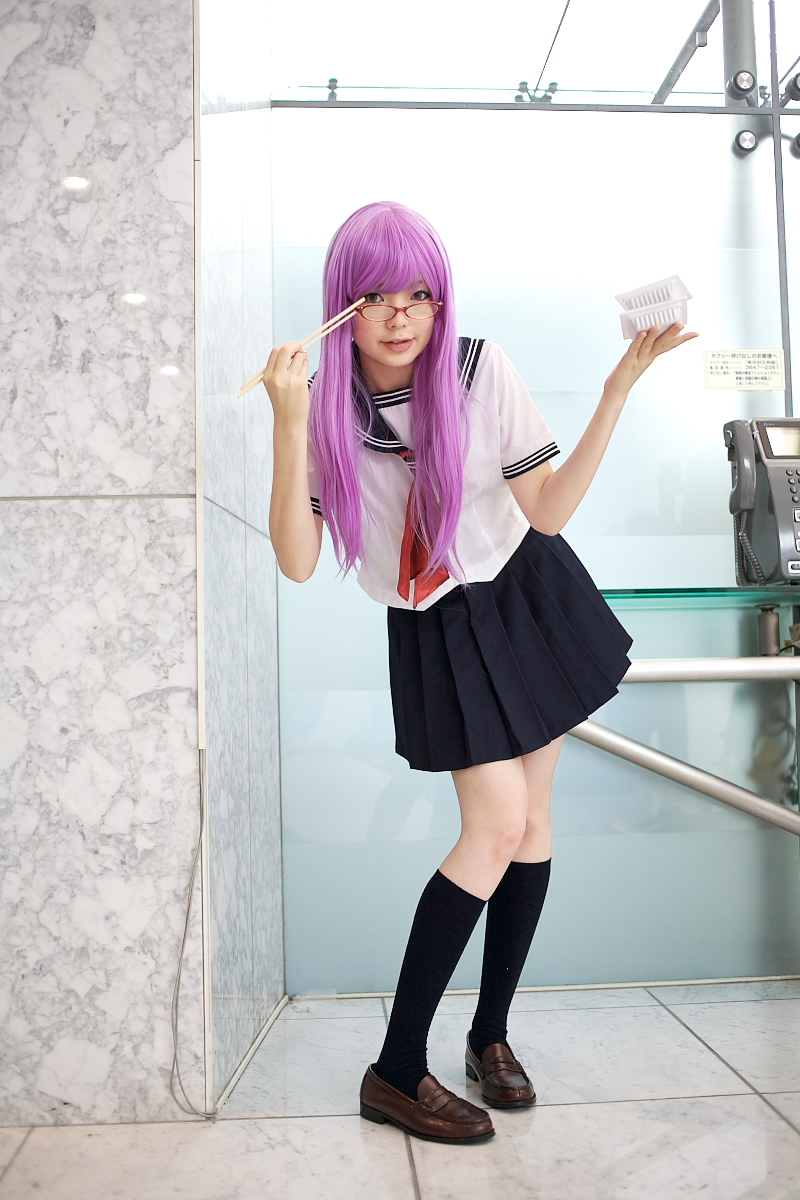 namada, sarutobi ayame, gintama, highres, photo (medium), 1girl, asian, blurry, breasts, brown shoes, chopsticks, color contacts, contrapposto, cosplay, depth of field, female focus, glasses, indoors, kneehighs, loafers, looking at viewer, looking over eyewear, matching hair/eyes, phone, pigeon-toed, purple eyes, purple hair, sailor, school uniform, serafuku, shoes, short sleeves, small breasts, socks, solo, standing