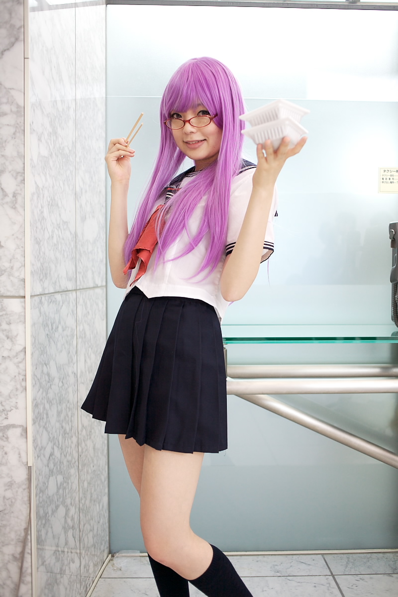 namada, sarutobi ayame, gintama, highres, photo (medium), 1girl, asian, blurry, breasts, chopsticks, color contacts, cosplay, depth of field, female focus, glasses, indoors, kneehighs, looking at viewer, looking over eyewear, matching hair/eyes, purple eyes, purple hair, sailor, school uniform, serafuku, short sleeves, small breasts, socks, solo, standing