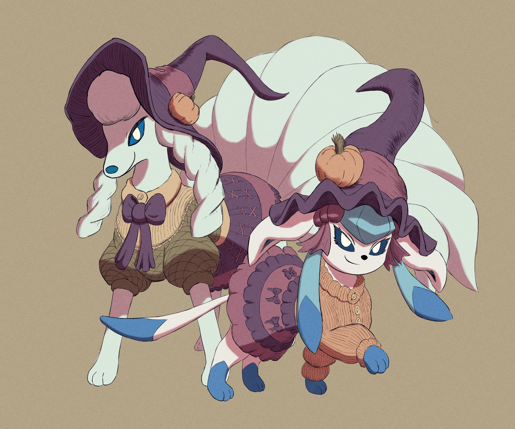 alolan ninetales, glaceon, nintendo, pokemon, highres, alolan form, ammyyay, animal ears, animal focus, blue eyes, closed mouth, clothed pokemon, full body, gen 4 pokemon, gen 7 pokemon, hat, looking at viewer, multiple tails, no humans, pokemon (creature), pokemon focus, shirt, simple background, skirt, smile, tail, witch hat