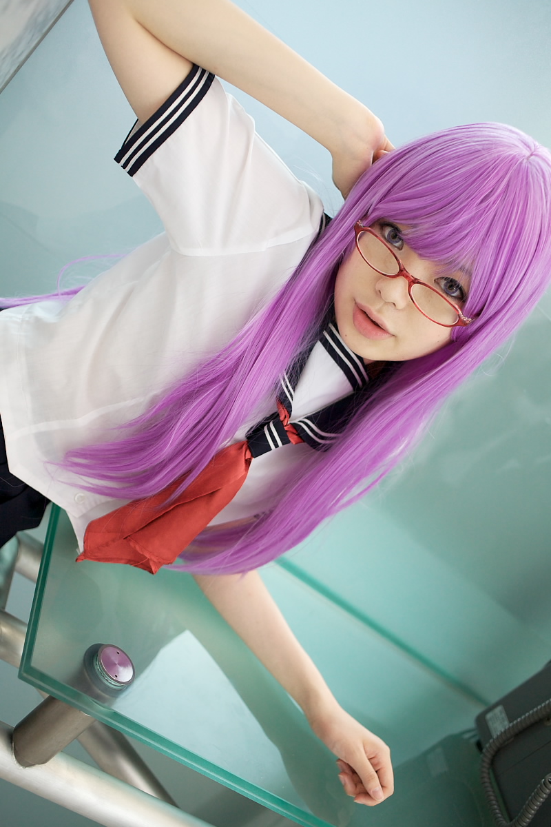namada, sarutobi ayame, gintama, highres, photo (medium), 1girl, asian, blurry, breasts, color contacts, cosplay, depth of field, dutch angle, female focus, glasses, indoors, looking at viewer, looking over eyewear, matching hair/eyes, parted lips, purple eyes, purple hair, sailor, school uniform, serafuku, short sleeves, small breasts, solo, standing