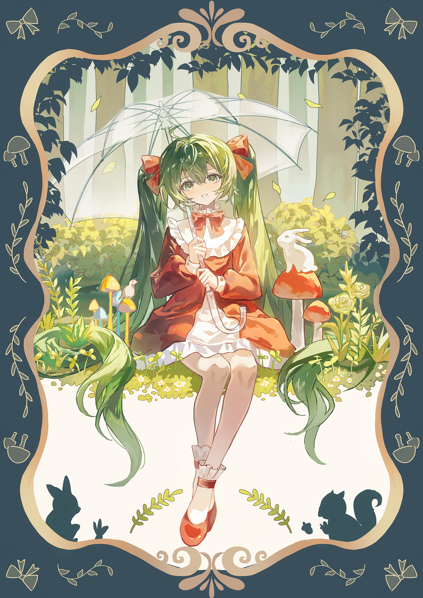 ji ye fan sheng, hatsune miku, vocaloid, chinese commentary, commentary request, highres, 1girl, border, bow, bowtie, bush, collar, dress, full body, green background, green eyes, green hair, hair bow, holding, holding umbrella, invisible chair, long hair, looking at viewer, mushroom, ornate border, rabbit, red bow, red bowtie, red dress, sidelocks, sitting, smile, solo, squirrel, twintails, umbrella, very long hair, white collar