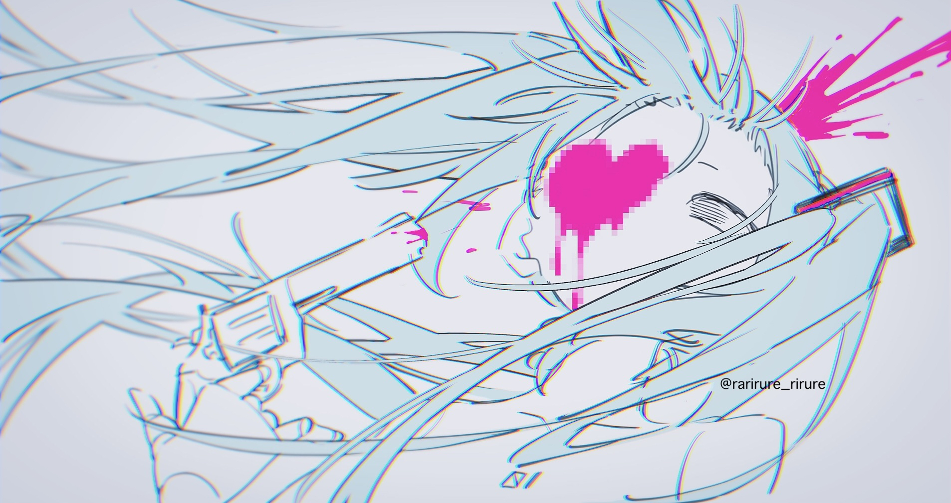 rarirure rirure, hatsune miku, vocaloid, highres, 1girl, blood, blood splatter, blue hair, blurry, chest tattoo, chromatic aberration, depth of field, firing, floating hair, grey background, gun, handgun, headshot, heart, holding, holding gun, holding weapon, joints, long hair, no mouth, pixelated, revolver, solo, suicide, tattoo, twintails, twitter username, upper body, very long hair, weapon