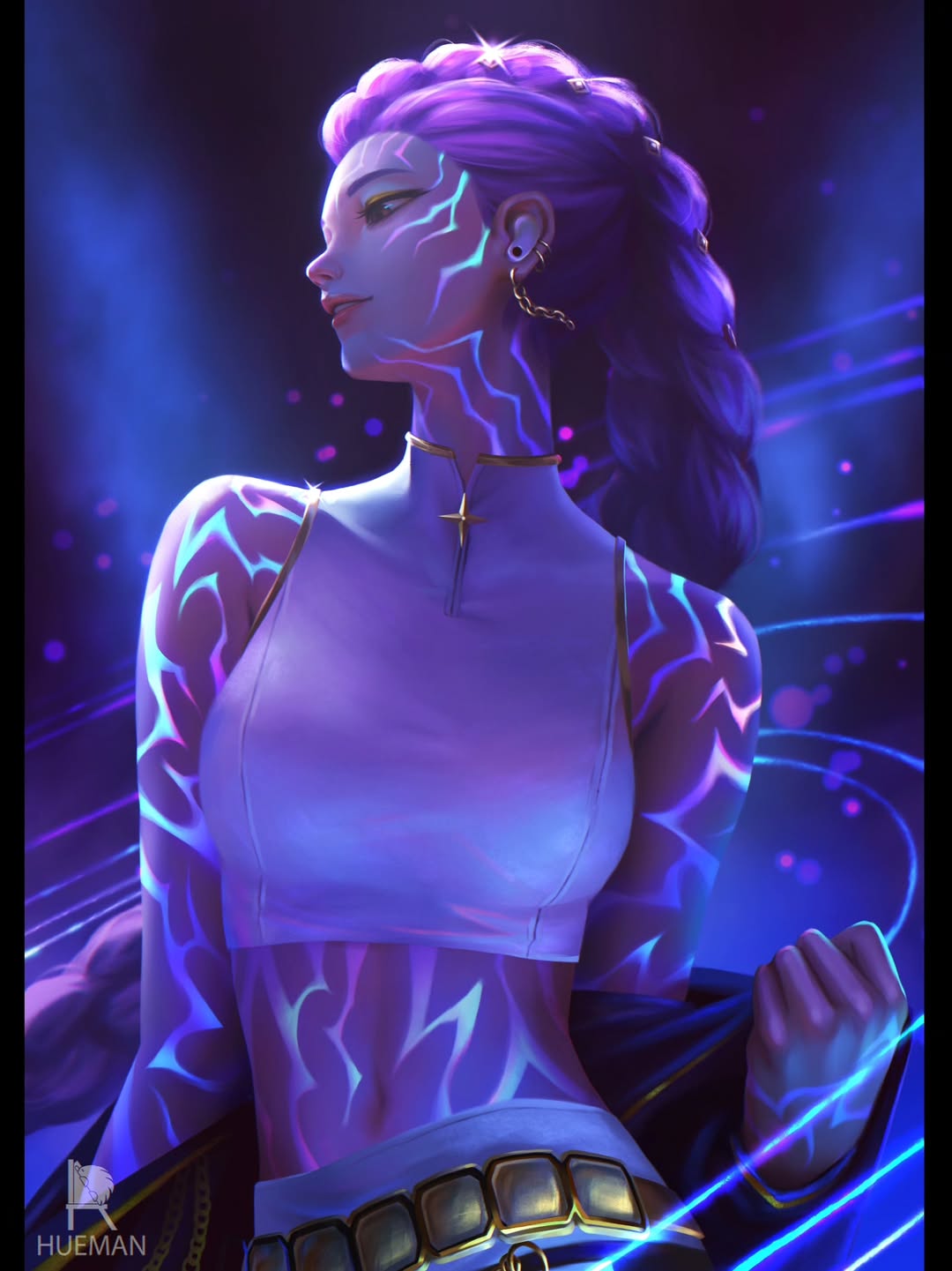 rumi (kpop demon hunters), kpop demon hunters, highres, 1girl, artist name, body markings, braid, braided ponytail, demon girl, earrings, eyeshadow, jewelry, makeup, mascara, rayenliu the hueman, sleeveless, sleeveless turtleneck, solo, turtleneck