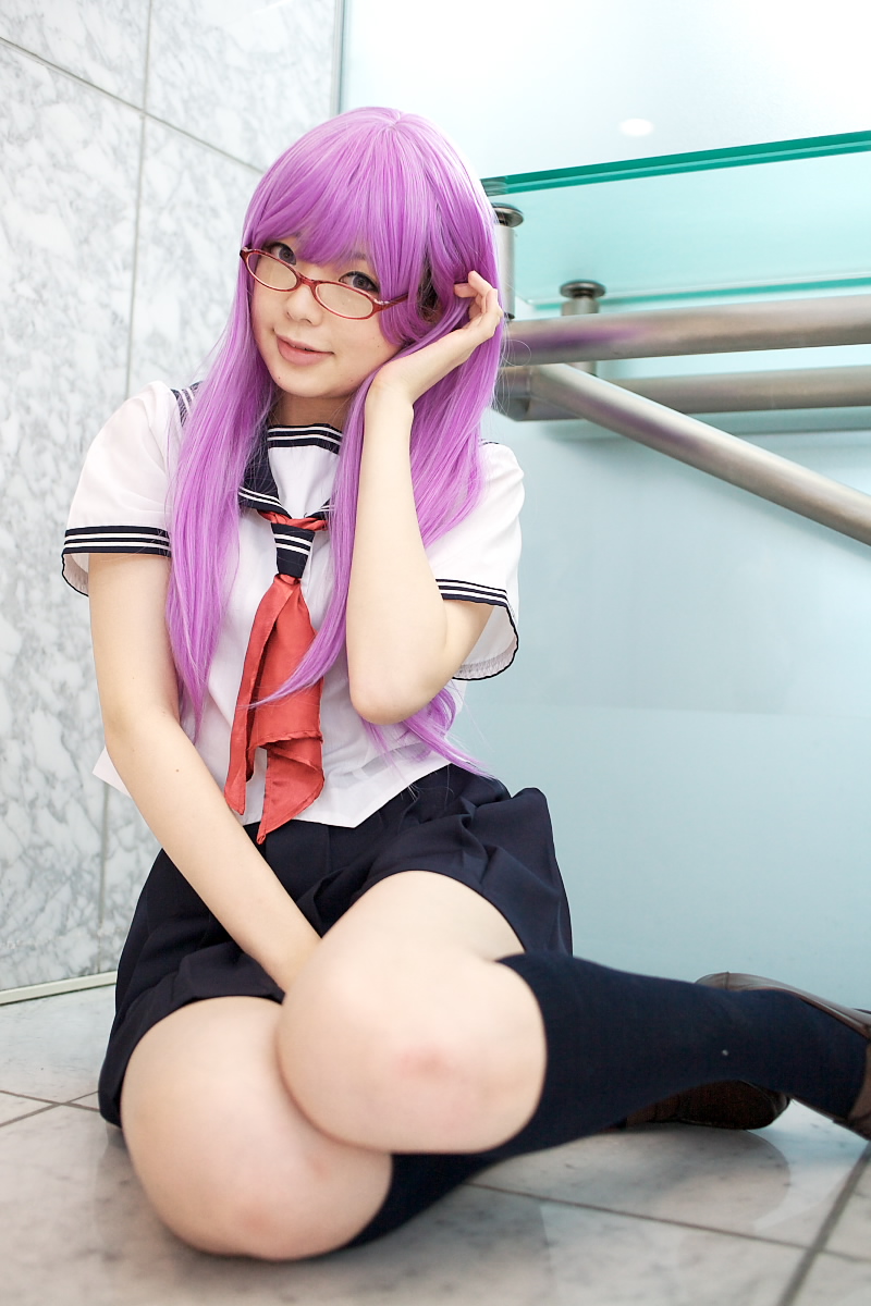 namada, sarutobi ayame, gintama, highres, photo (medium), 1girl, asian, blurry, breasts, brown shoes, color contacts, cosplay, depth of field, female focus, glasses, indoors, kneehighs, loafers, looking at viewer, looking over eyewear, matching hair/eyes, on floor, purple eyes, purple hair, sailor, school uniform, serafuku, shoes, short sleeves, sitting, small breasts, socks, solo, tile floor, tiles, yokozuwari