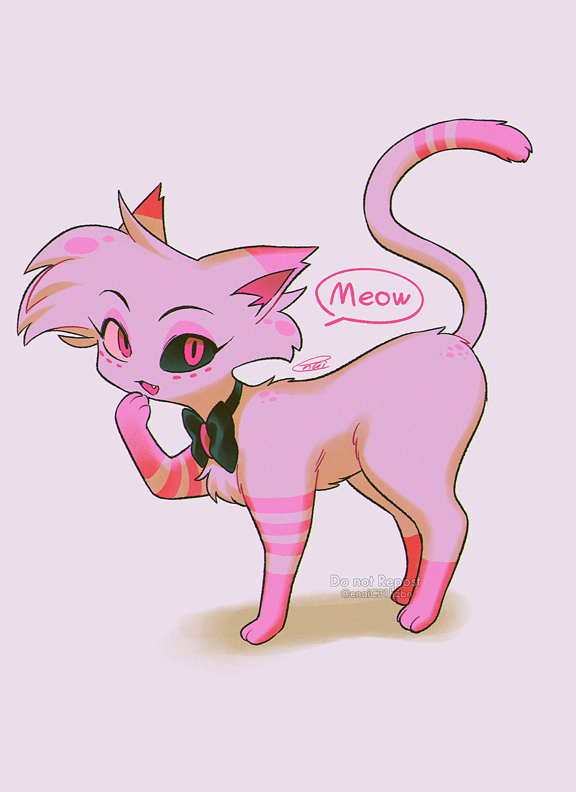 menma (enaic31), angel dust, hazbin hotel, hellaverse, absurdres, commentary request, highres, :3, :d, animal, animal focus, animalization, black bow, black bowtie, black choker, black sclera, bow, bowtie, cat, choker, chromatic aberration, colored sclera, english text, eyeshadow, facial mark, fang, film grain, grey background, makeup, mismatched sclera, no humans, open mouth, pink eyes, pink eyeshadow, pink fur, shadow, signature, simple background, smile, solo, speech bubble, tongue, traditional bowtie, twitter username, two-tone fur, watermark, white cat, white fur, yellow sclera