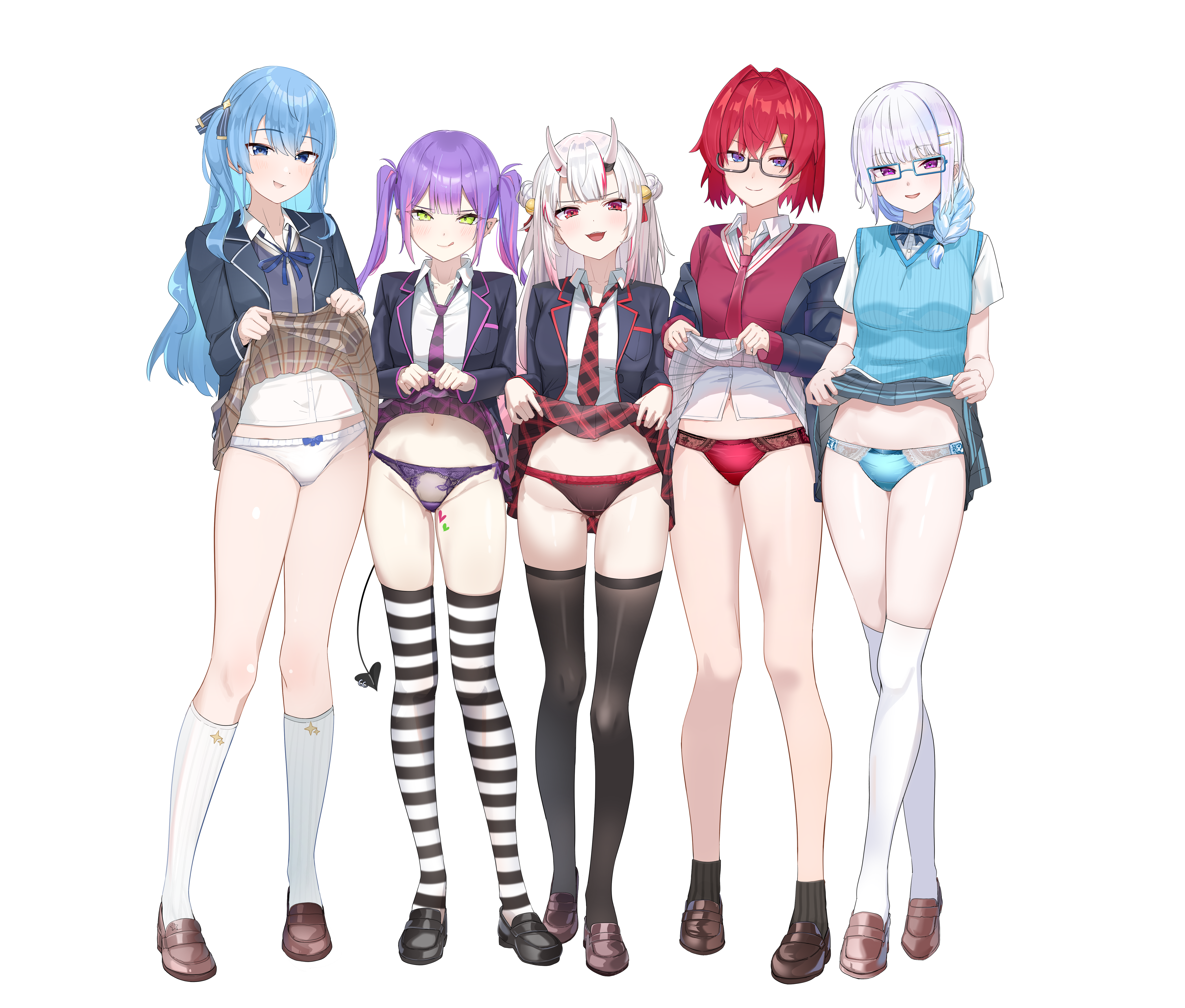 hamigaki (hikaruyusi), ange katrina, hoshimachi suisei, lize helesta, nakiri ayame, tokoyami towa, hololive, nijisanji, absurdres, commentary request, highres, 5girls, :d, alternate costume, ankle socks, bespectacled, black-framed eyewear, black jacket, black panties, black shoes, black socks, black thighhighs, blazer, blue-framed eyewear, blue bow, blue bowtie, blue hair, blue panties, blue ribbon, blue skirt, blue sweater vest, bow, bow panties, bowtie, brown shoes, brown skirt, closed mouth, clothes lift, collared shirt, crossover, demon tail, full body, glasses, green eyes, horns, jacket, kneehighs, knees, legs, lifting own clothes, loafers, long hair, long sleeves, multiple girls, navel, neck ribbon, necktie, open mouth, panties, plaid clothes, plaid skirt, purple hair, purple necktie, purple panties, red hair, red necktie, red panties, red sweater, ribbed socks, ribbon, semi-rimless eyewear, shirt, shoes, simple background, skirt, skirt lift, smile, socks, standing, stomach, striped clothes, striped thighhighs, sweater, sweater vest, tail, thighhighs, thighs, twintails, under-rim eyewear, underwear, virtual youtuber, white background, white hair, white panties, white shirt, white skirt, white socks, white thighhighs