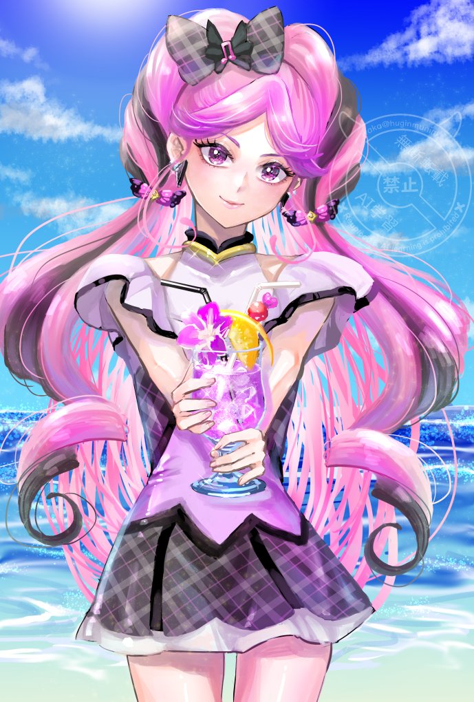 waka (negronoir), cure kiss, meroron (precure), kimi to idol precure, precure, 1girl, bare arms, bare legs, bare shoulders, beach, black hair, blue sky, braid, cherry, choker, cloud, cloudy sky, cup, drink, drinking straw, earrings, flower, food, fortissimo, fruit, gingham one-piece swimsuit, gradient hair, hair ornament, hair ribbon, hair tie, hibiscus, holding, holding cup, holding drink, ice, ice cube, jewelry, juice, lemon, lemon slice, long hair, looking at viewer, meroron (civilian) (precure), multicolored hair, multiple earrings, musical note, musical note hair ornament, ocean, one-piece swimsuit, parted bangs, pink hair, puffy sleeves, purple eyes, purple one-piece swimsuit, ribbon, sky, solo, solo focus, summer, sunlight, swimsuit, twin braids, twintails, upper body, very long hair, watermark