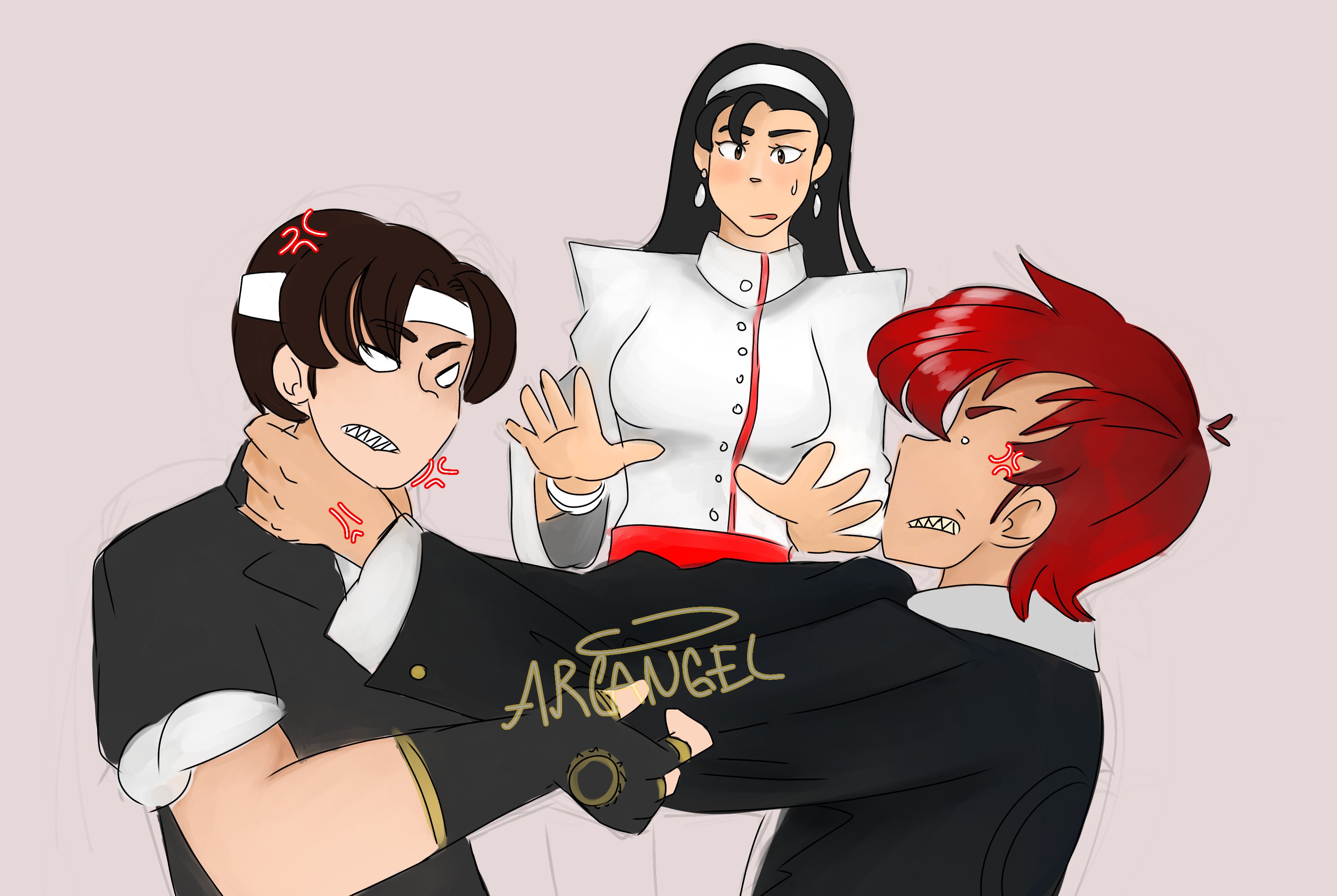 kagura chizuru, kusanagi kyou, yagami iori, the king of fighters, 1girl, arcangeldivin0, black hair, breasts, brown eyes, buttons, dress, earrings, hairband, jewelry, large breasts, long hair, long sleeves, medium hair