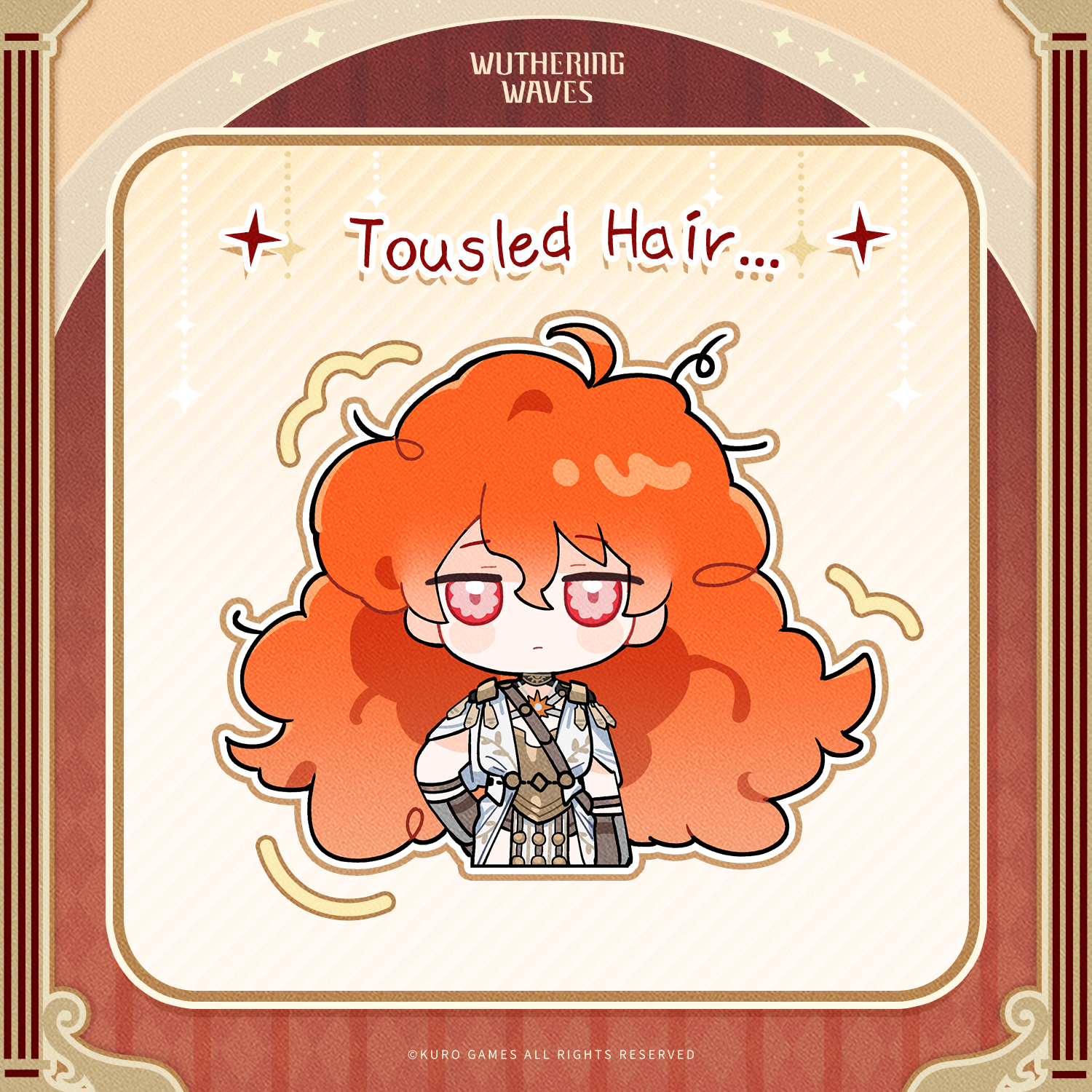 augusta (wuthering waves), wuthering waves, commentary, english commentary, highres, official art, 1girl, ancient greek clothes, arm armor, armor, breastplate, chibi, chibi only, closed mouth, dress, english text, greco-roman clothes, hair between eyes, hand on own hip, logo, long hair, looking at viewer, messy hair, orange hair, red eyes, solo, sun necklace, white dress