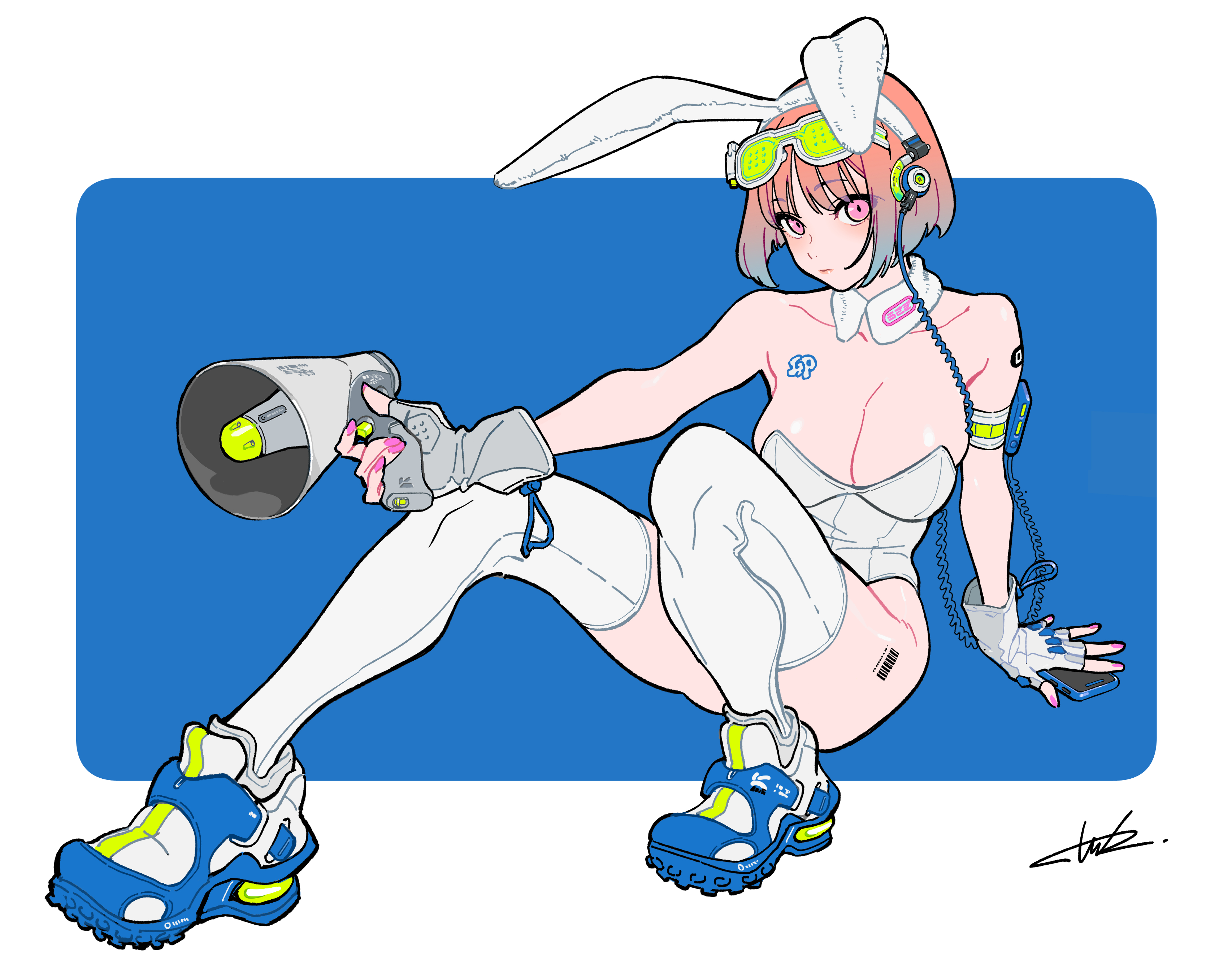tarou2, original, absurdres, highres, 1girl, animal ears, artist name, blue background, blue shoes, breasts, cellphone, glasses, large breasts, phone, pink eyes, rabbit ears, shoes