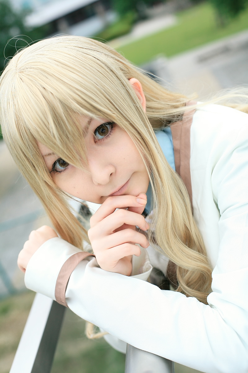 konohana hikari, strawberry panic!, highres, photo (medium), 1girl, asian, blazer, blonde hair, cosplay, dutch angle, female focus, jacket, konohana hikari (cosplay), long sleeves, looking at viewer, para noiko, school uniform, solo