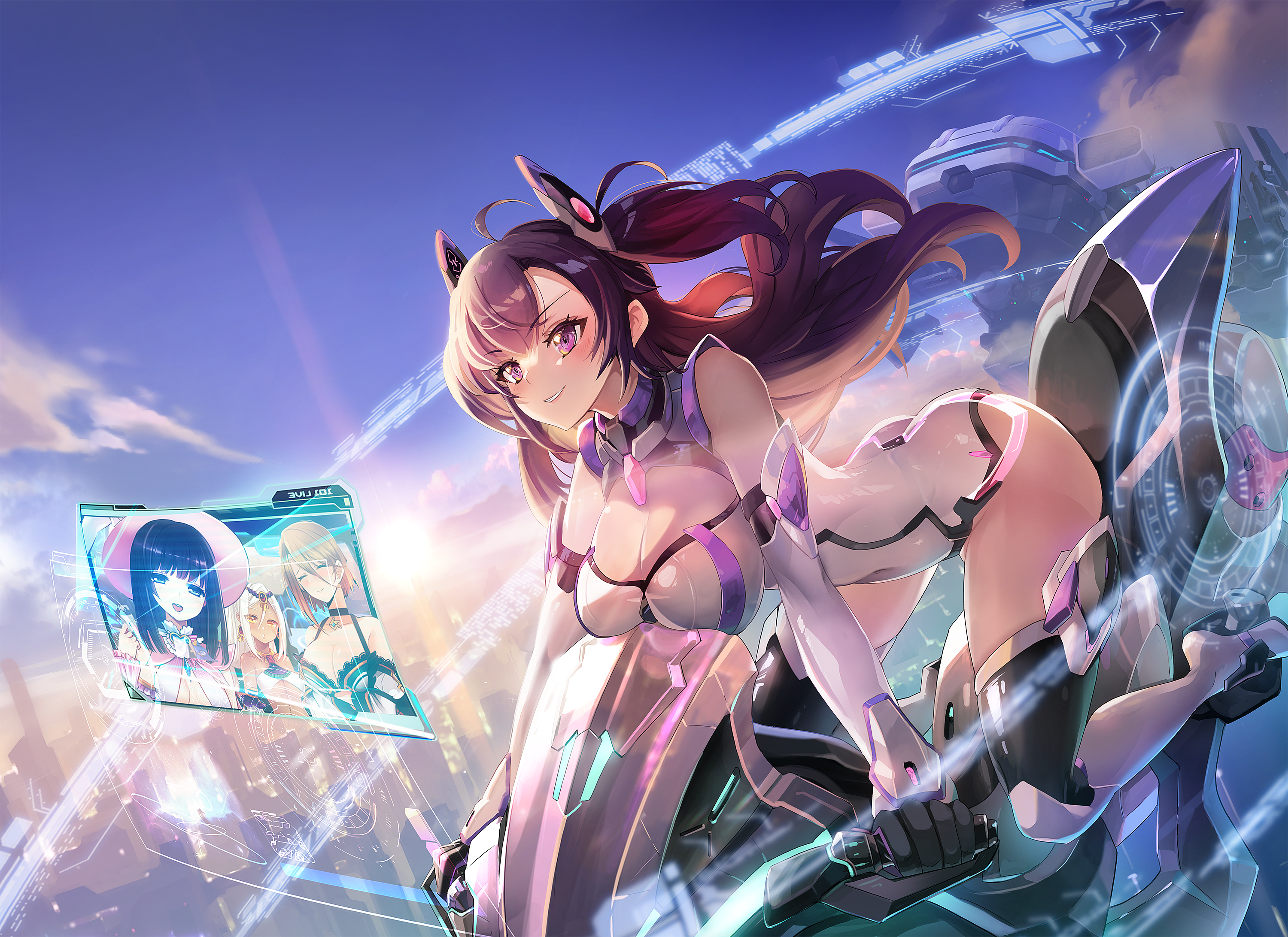 layla (master of eternity), lucy (master of eternity), master of eternity, artist request, bad source, highres, 4girls, amy (master of eternity), arabian clothes, ass, black choker, black gloves, black hair, blue eyes, blue sky, blush, boots, breast rest, breasts, brown hair, camisole, center opening, choker, cityscape, cleavage, cleavage cutout, closed eyes, clothing cutout, cloud, cockpit, crop top, dark-skinned female, dark skin, day, detached sleeves, frilled camisole, frills, gem, gloves, green camisole, grin, hair ornament, hat, holographic interface, holographic monitor, large breasts, leotard, long hair, medium breasts, multiple girls, open mouth, orange eyes, piloting, pink gemstone, pink hat, purple eyes, purple gemstone, purple hair, rocinante (master of eternity), science fiction, sky, smile, thigh boots, thighs, twintails, white boots, white hair, white leotard, white sleeves