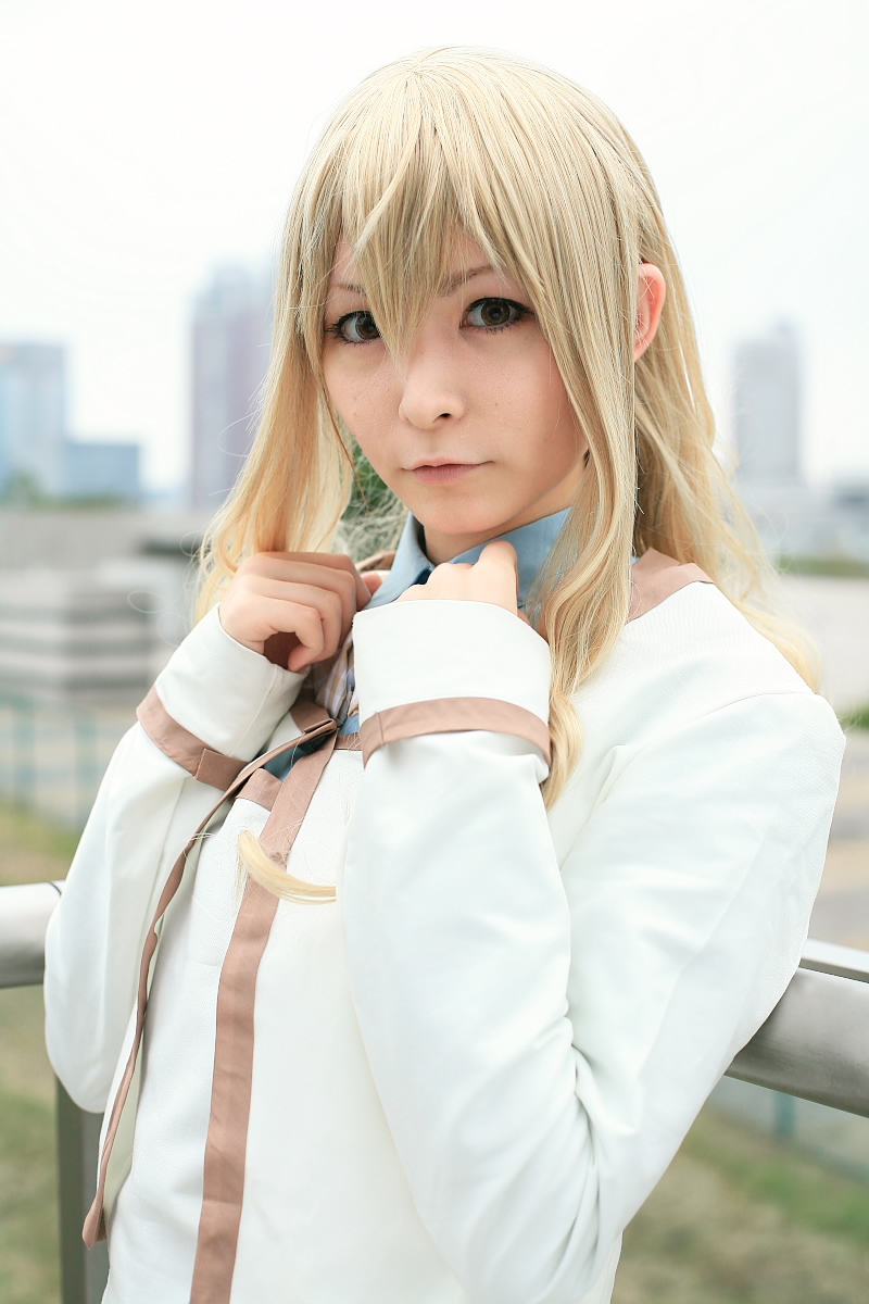 konohana hikari, strawberry panic!, highres, photo (medium), 1girl, asian, blazer, blonde hair, cosplay, female focus, jacket, konohana hikari (cosplay), looking at viewer, miniskirt, para noiko, school uniform, skirt, solo