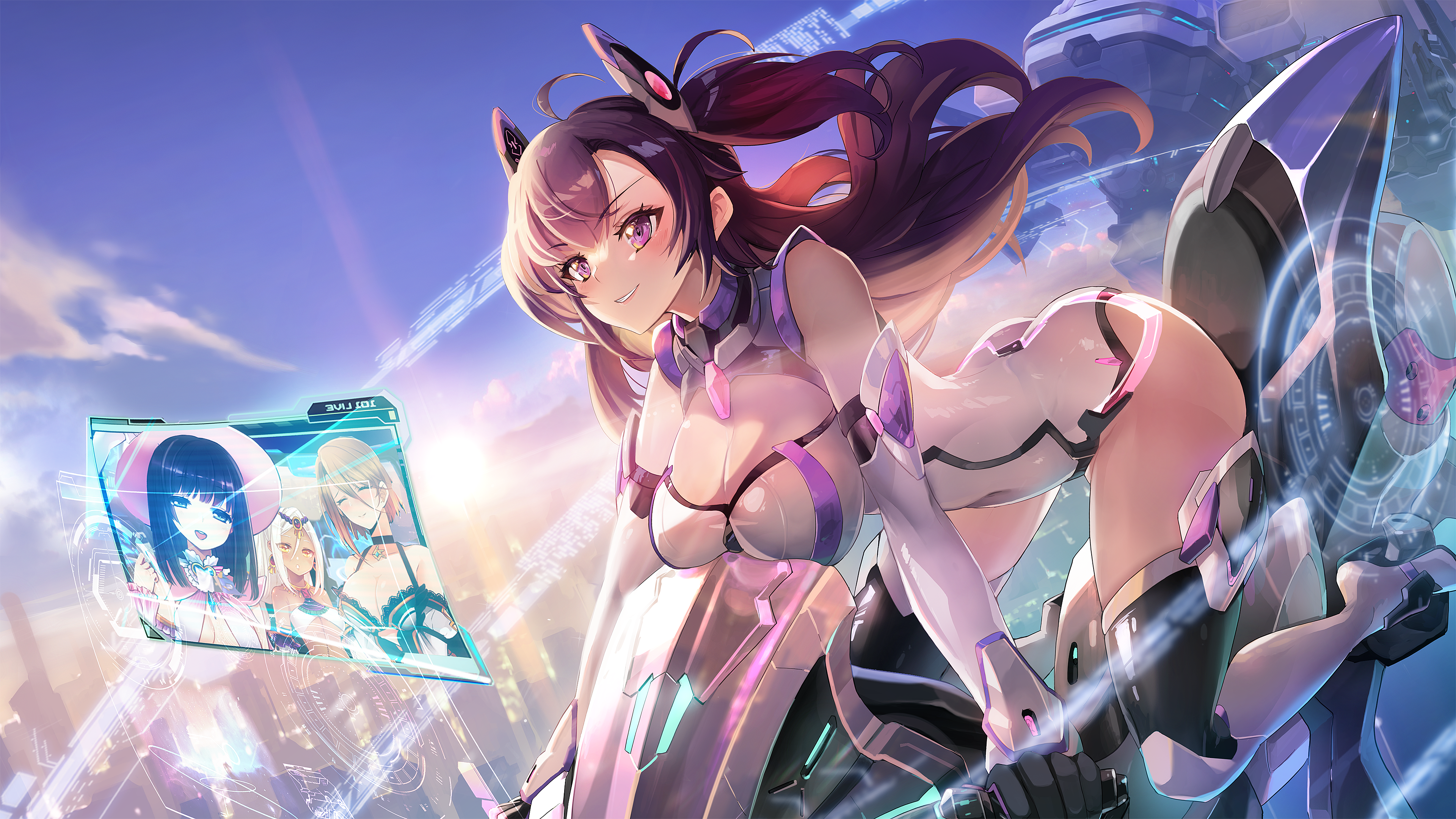 layla (master of eternity), lucy (master of eternity), master of eternity, absurdres, artist request, bad source, highres, 4girls, amy (master of eternity), arabian clothes, ass, black choker, black gloves, black hair, blue eyes, blue sky, blush, boots, breast rest, breasts, brown hair, camisole, center opening, choker, cityscape, cleavage, cleavage cutout, closed eyes, clothing cutout, cloud, cockpit, crop top, dark-skinned female, dark skin, day, detached sleeves, frilled camisole, frills, gem, gloves, green camisole, grin, hair ornament, hat, holographic interface, holographic monitor, large breasts, leotard, long hair, medium breasts, multiple girls, open mouth, orange eyes, piloting, pink gemstone, pink hat, purple eyes, purple gemstone, purple hair, rocinante (master of eternity), science fiction, sky, smile, thigh boots, thighs, twintails, white boots, white hair, white leotard, white sleeves