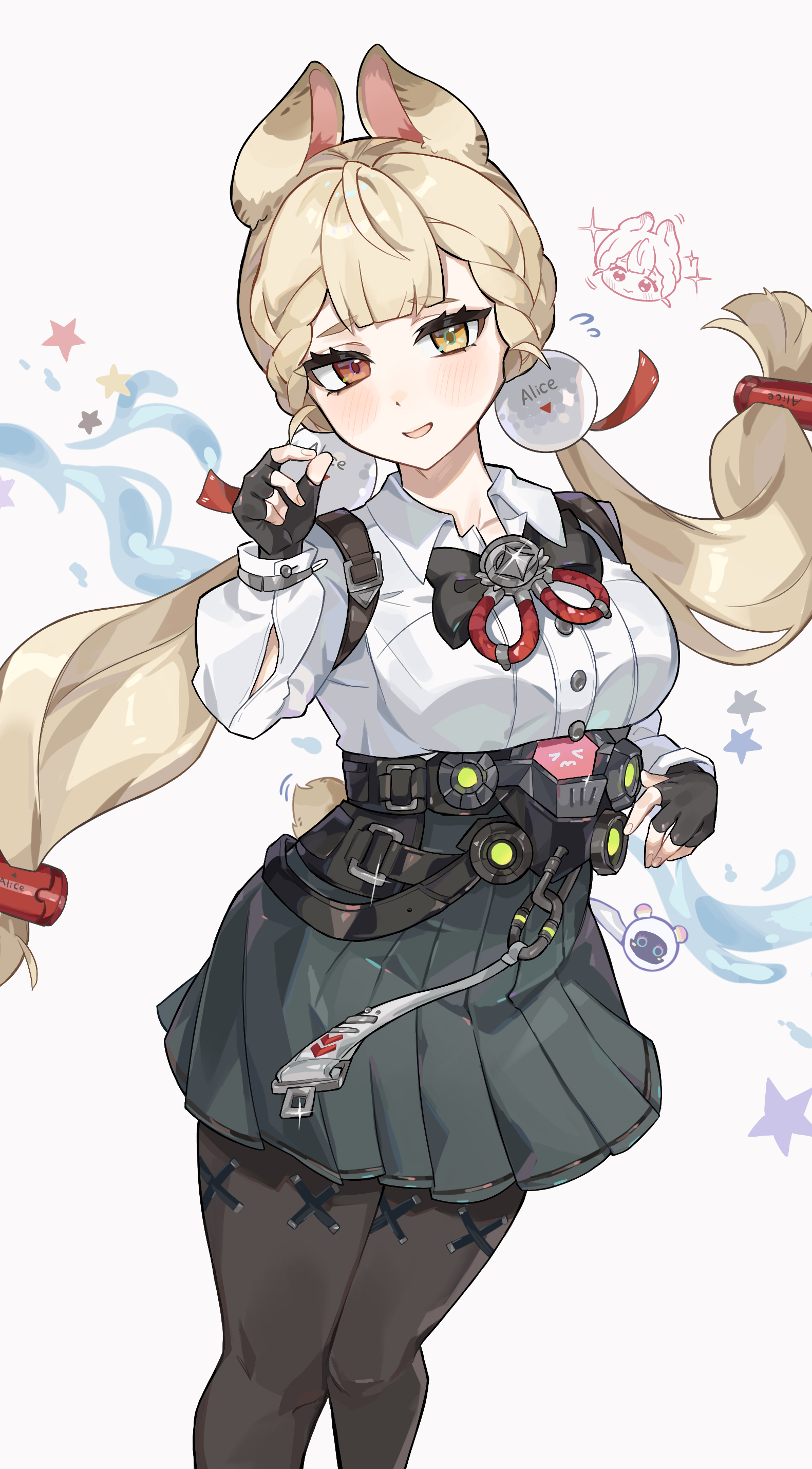 umiinu (umi inu11), alice thymefield, zenless zone zero, absurdres, highres, 1girl, animal ears, black gloves, black pantyhose, black skirt, blonde hair, blush, breasts, collarbone, fingerless gloves, gloves, heterochromia, long hair, long sleeves, low-tied long hair, medium breasts, open mouth, orange eyes, pantyhose, pleated skirt, rabbit ears, rabbit girl, rabbit tail, shirt, simple background, skirt, smile, solo, tail, twintails, white background, white shirt, yellow eyes