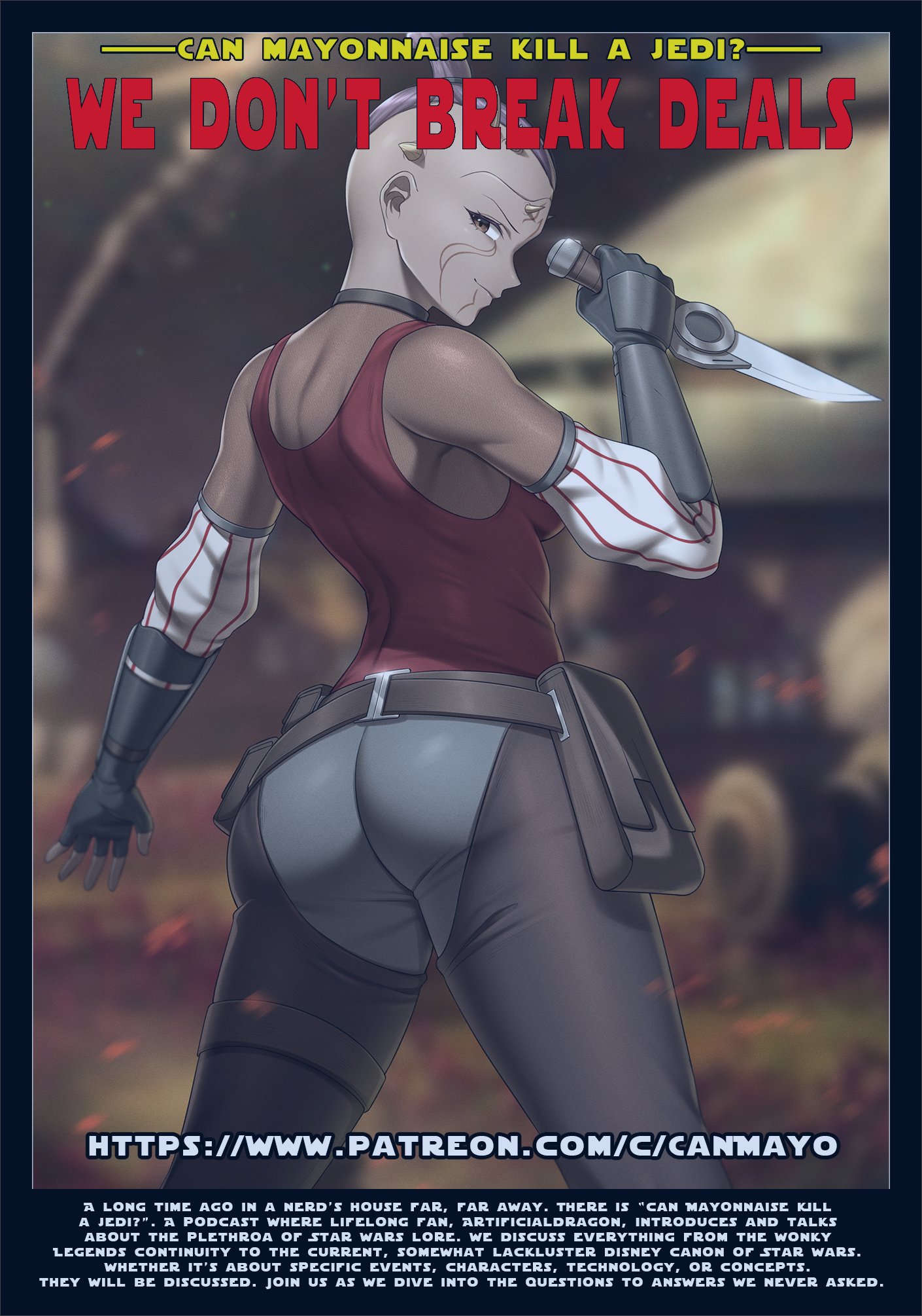 zxpfer, star wars, star wars: the clone wars, commission, highres, 1girl, alien, ass, belt, breasts, colored skin, dagger, dark-skinned female, dark skin, detached sleeves, facial tattoo, facing away, gauntlets, grey skin, holding, holding dagger, holding knife, holding weapon, horns, knife, light smile, looking back, medium breasts, pants, see-through clothes, tank top, tattoo, topknot, utility belt, watermark, weapon, web address, zabrak