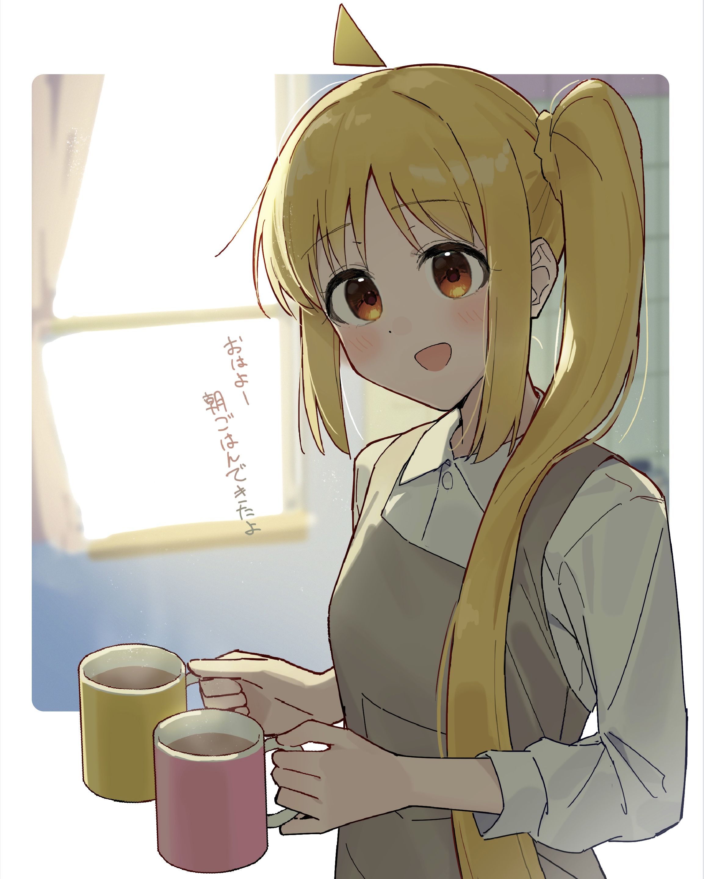 seisyuntarotto, ijichi nijika, bocchi the rock!, absurdres, commentary request, highres, translation request, 1girl, :d, ahoge, blonde hair, blush, collared shirt, cup, holding, holding cup, indoors, long hair, long sleeves, looking at viewer, open mouth, red eyes, shirt, side ponytail, sidelocks, smile, solo, upper body, white shirt, window