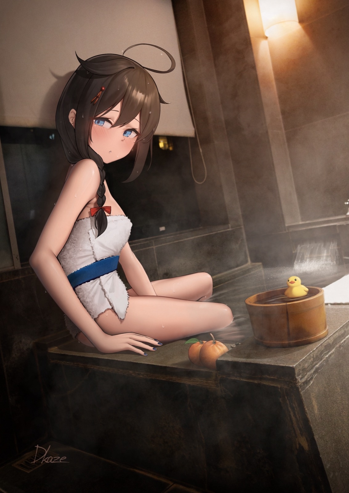 driftkingtw, shigure (kancolle), shigure kai ni (kancolle), kantai collection, highres, 1girl, ahoge, bathtub, blue eyes, blue nails, blush, braid, breasts, brown hair, bucket, closed mouth, food, fruit, hair between eyes, hair flaps, hair over shoulder, indoors, looking at viewer, medium breasts, nail polish, naked towel, orange (fruit), rubber duck, signature, sitting, soaking feet, solo, steam, towel, water, wet, wooden bucket