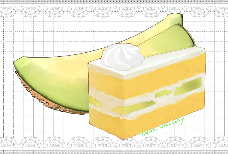 original, cake, cake slice, food, food focus, fruit, icing, melon, melon slice, no humans, wara strawberry
