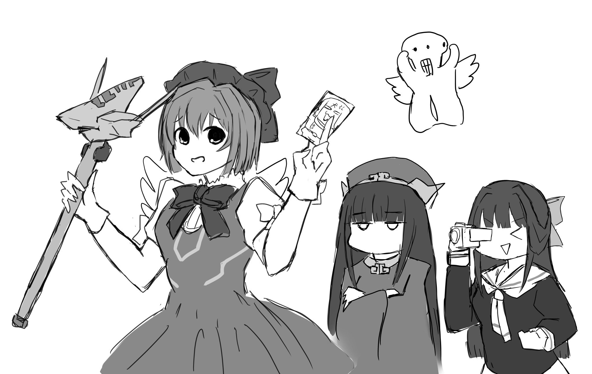 beta (muv-luv), kai shimako, takamura yui, yamashiro kazusa, cardcaptor sakura, muv-luv, muv-luv alternative, muv-luv total eclipse, tagme, 3girls, bow, camcorder, daidouji tomoyo (cosplay), hair bow, kero (cardcaptor sakura) (cosplay), kinomoto sakura (cosplay), li syaoran (battle costume) (cosplay), long hair, monochrome, multiple girls, short hair, video camera