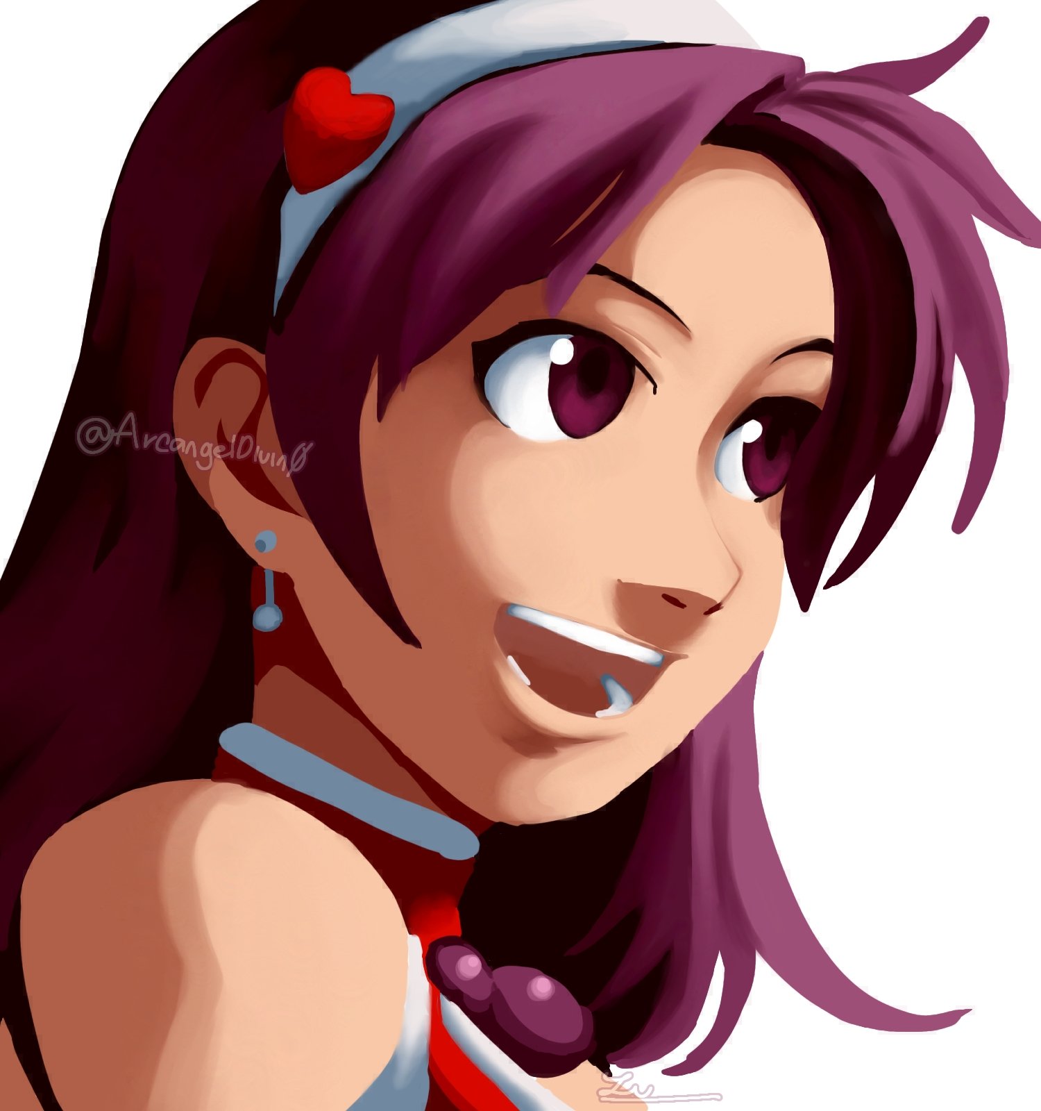asamiya athena, the king of fighters, the king of fighters 2003, 1girl, arcangeldivin0, collar, earrings, female focus, hairband, heart, jewelry, long hair, open mouth, purple eyes, purple hair, smile, smiley face