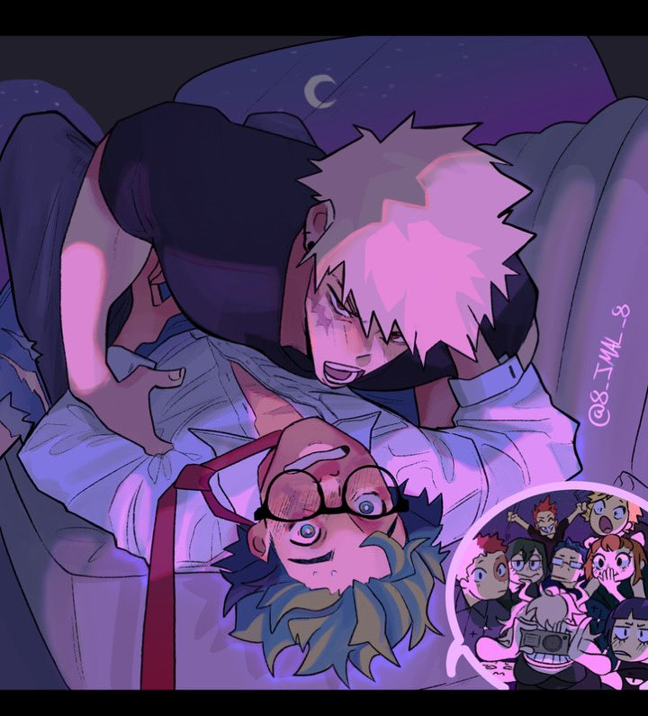8 jmal 8, ashido mina, asui tsuyu, bakugou katsuki, iida tenya, jiro kyoka, kaminari denki, kirishima eijiro, midoriya izuku, todoroki shoto, uraraka ochako, boku no hero academia, bones (company), shounen jump, aged up, blonde hair, blush, brown hair, burn scar, camera, car, colored skin, curly hair, freckles, glasses, green eyes, green hair, holding, holding camera, imminent penetration, indoors, long hair, looking at another, messy hair, moon, motor vehicle, multiple boys, multiple girls, necktie, night, pink hair, pink skin, red eyes, red hair, scar, scar on face, shirt, short hair, spiked hair, star (sky), taking picture, white hair, yaoi