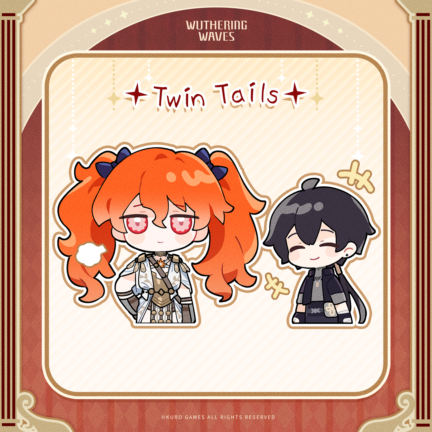 augusta (wuthering waves), male rover (wuthering waves), rover (wuthering waves), wuthering waves, commentary, english commentary, highres, official art, +++, 1boy, 1girl, ancient greek clothes, arm armor, armor, black hair, black jacket, breastplate, closed eyes, closed mouth, dress, english text, greco-roman clothes, grey shirt, hair between eyes, hand on own hip, jacket, logo, long hair, orange hair, puff of air, red eyes, shirt, smile, twintails, white dress
