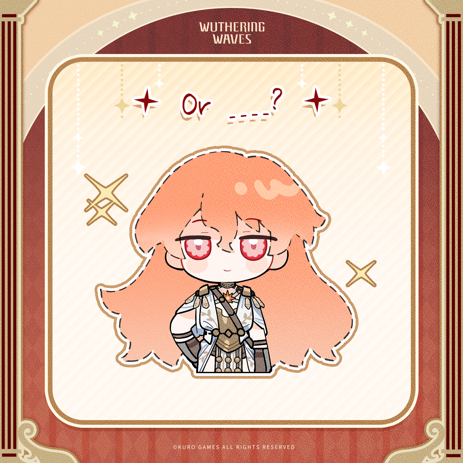 augusta (wuthering waves), wuthering waves, commentary, english commentary, highres, official art, 1girl, ancient greek clothes, arm armor, armor, breastplate, chibi, chibi only, closed mouth, dress, english text, greco-roman clothes, hair between eyes, hand on own hip, logo, long hair, looking at viewer, orange hair, red eyes, smile, solo, sun necklace, white dress