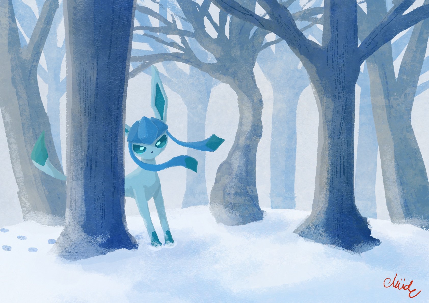 mude0530, glaceon, nintendo, pokemon, commentary request, highres, animal focus, blue eyes, blue fur, blue sclera, closed mouth, colored sclera, gen 4 pokemon, looking at viewer, no humans, outdoors, pokemon (creature), pokemon focus, snow, solo, tree