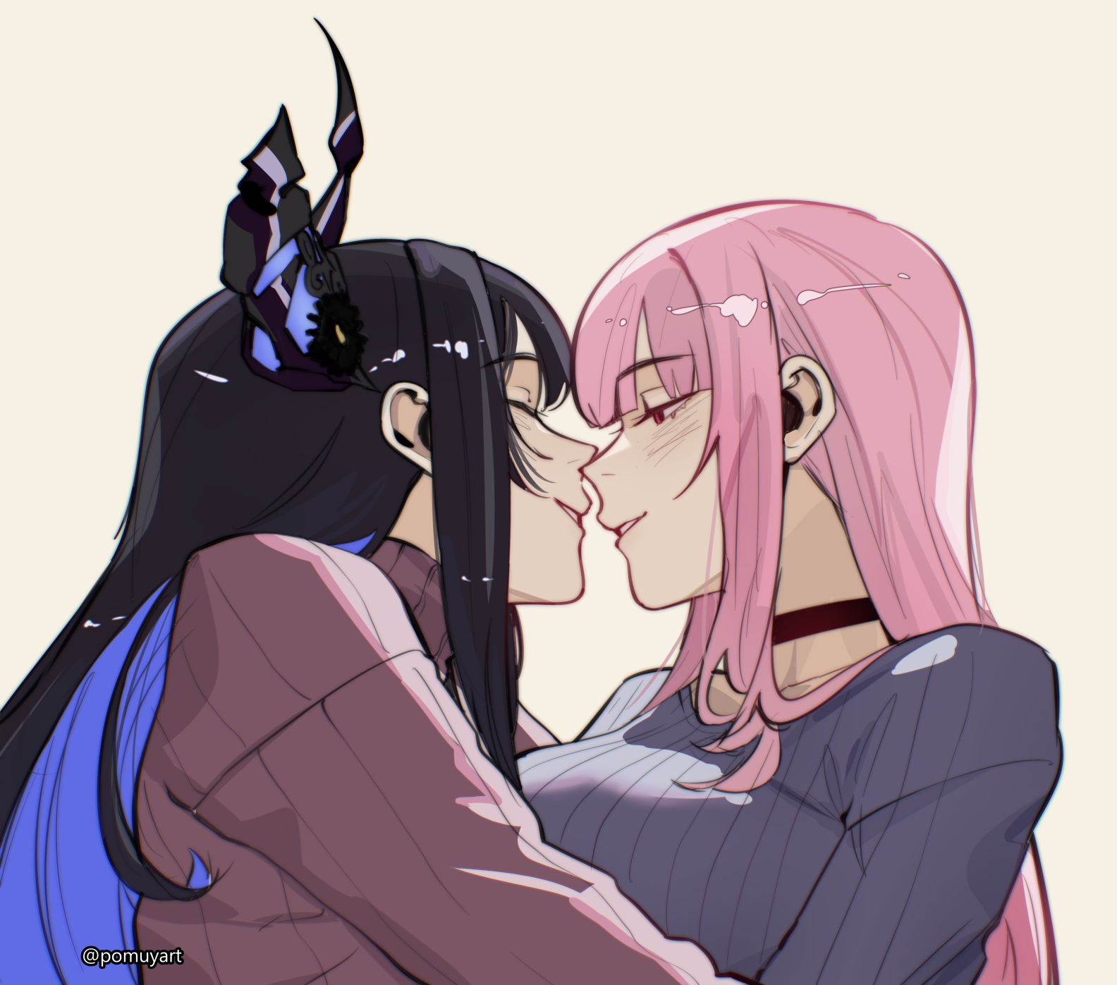 pomuya, mori calliope, nerissa ravencroft, hololive, hololive english, commentary, english commentary, highres, 2girls, black choker, black hair, breasts, choker, closed eyes, colored inner hair, imminent kiss, large breasts, light blush, long hair, multicolored hair, multiple girls, parted lips, pink hair, pink sweater, purple sweater, ribbed sweater, simple background, smile, sweater, upper body, virtual youtuber, white background, yuri
