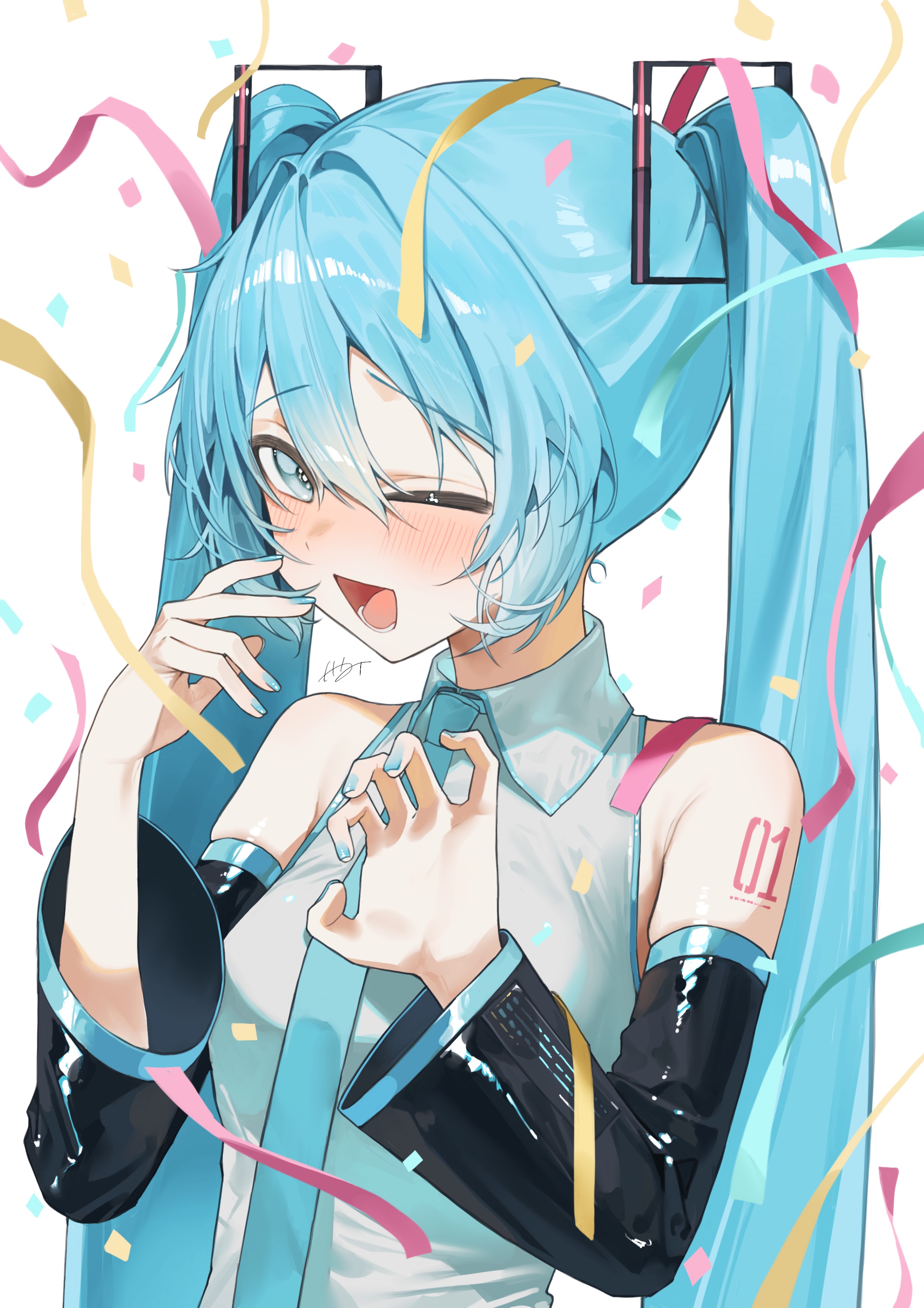 hakai orz, hatsune miku, vocaloid, absurdres, commentary request, highres, 1girl, ;d, aqua eyes, aqua hair, aqua nails, aqua necktie, bare shoulders, black sleeves, blue eyes, blue hair, blue nails, blue necktie, blush, collared shirt, confetti, detached sleeves, grey shirt, hair between eyes, hair ornament, hands up, long hair, long sleeves, looking at viewer, nail polish, necktie, one eye closed, open mouth, shirt, simple background, sleeveless, sleeveless shirt, smile, solo, streamers, tattoo, twintails, upper body, very long hair, white background