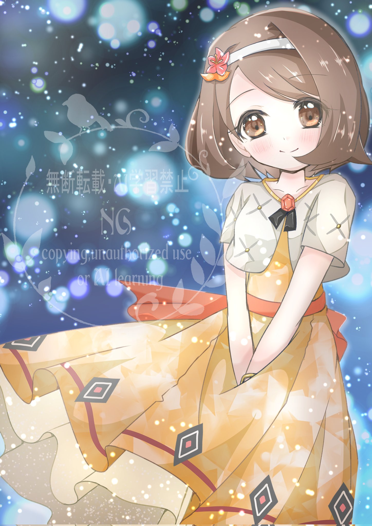 gloria (anniversary 2025) (pokemon), gloria (pokemon), nintendo, pokemon, pokemon masters ex, commentary request, highres, 1girl, blush, bracelet, breasts, brown eyes, brown hair, closed mouth, dress, flower, hair ornament, hairband, jewelry, kalukantan, looking at viewer, official alternate costume, orange dress, short hair, short sleeves, smile, split mouth, white hairband