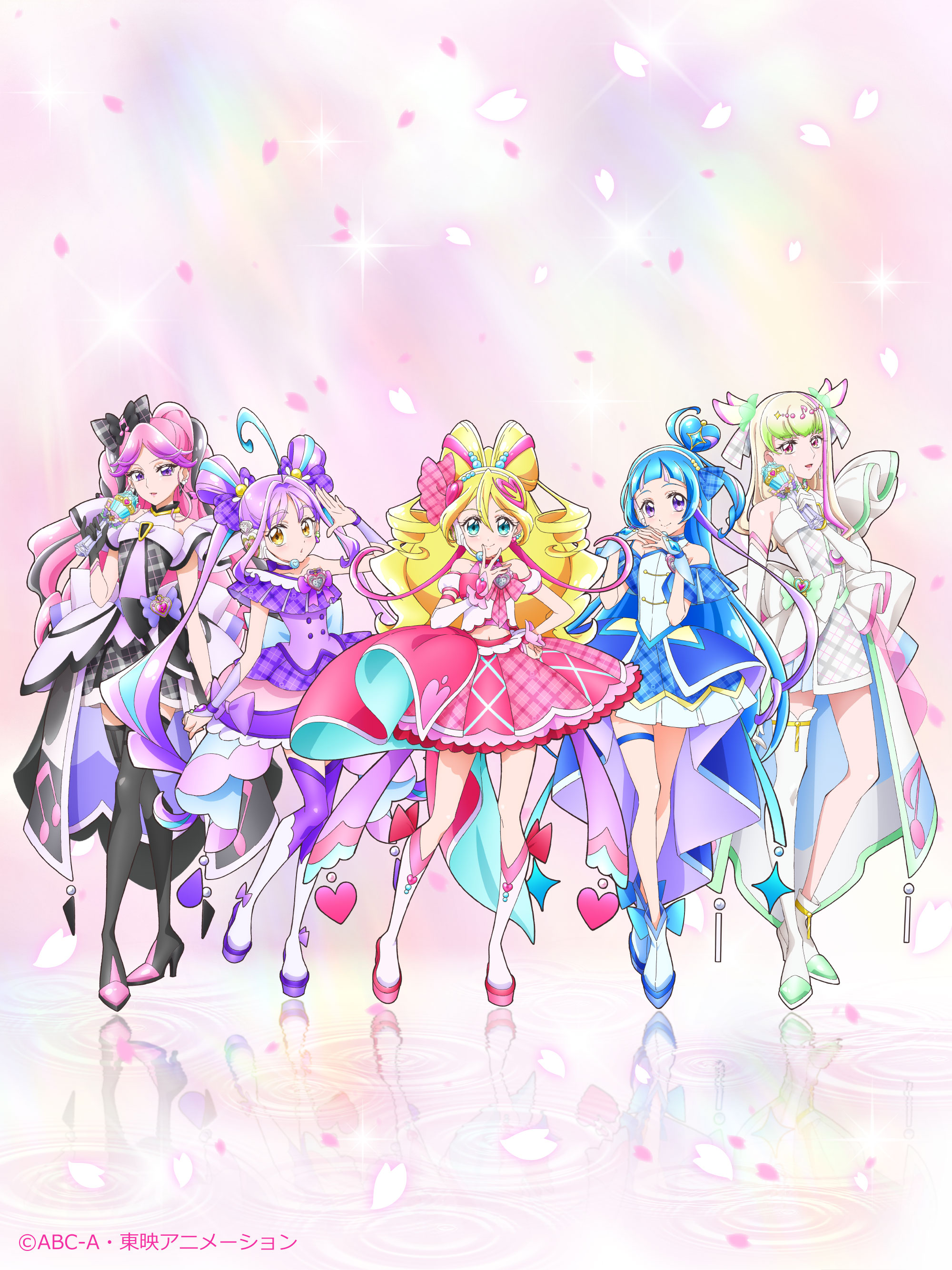 aokaze nana, cure idol, cure kiss, cure kyunkyun, cure wink, cure zukyuun, meroron (precure), purirun (precure), sakura uta (precure), shigure kokoro, kimi to idol precure, precure, absurdres, highres, official art, 5girls, ahoge, bare arms, bare legs, bare shoulders, black gloves, black hair, black socks, blonde hair, blue dress, blue eyes, blue hair, blunt bangs, boots, bracelet, braid, brooch, bubble skirt, crossed legs, curled horns, curly hair, diamond (shape), dress, elbow gloves, falling petals, fortissimo, full body, gingham dress, gloves, gradient hair, green hair, hair bun, hair extensions, hair ornament, hair ribbon, hair tie, hair wings, half gloves, headband, headset, heart, heart-shaped lock, heart brooch, heart hair bun, heart hair ornament, holding, holding lightstick, holding weapon, horns, jewelry, knee boots, kneehighs, long hair, long sleeves, looking at viewer, meroron (civilian) (precure), multicolored hair, multiple girls, musical note, musical note hair ornament, official style, parted bangs, petals, pink dress, pink eyes, pink hair, pink petals, puffy dress, puffy sleeves, purirun (civilian) (precure), purple dress, purple eyes, purple hair, ribbon, shadow, short dress, single bare leg, single kneehigh, single sleeve cuff, single sock, skirt, socks, standing, twin braids, twintails, v, very long hair, water drop, weapon, white dress, white gloves, winged hair ornament, wrist ribbon