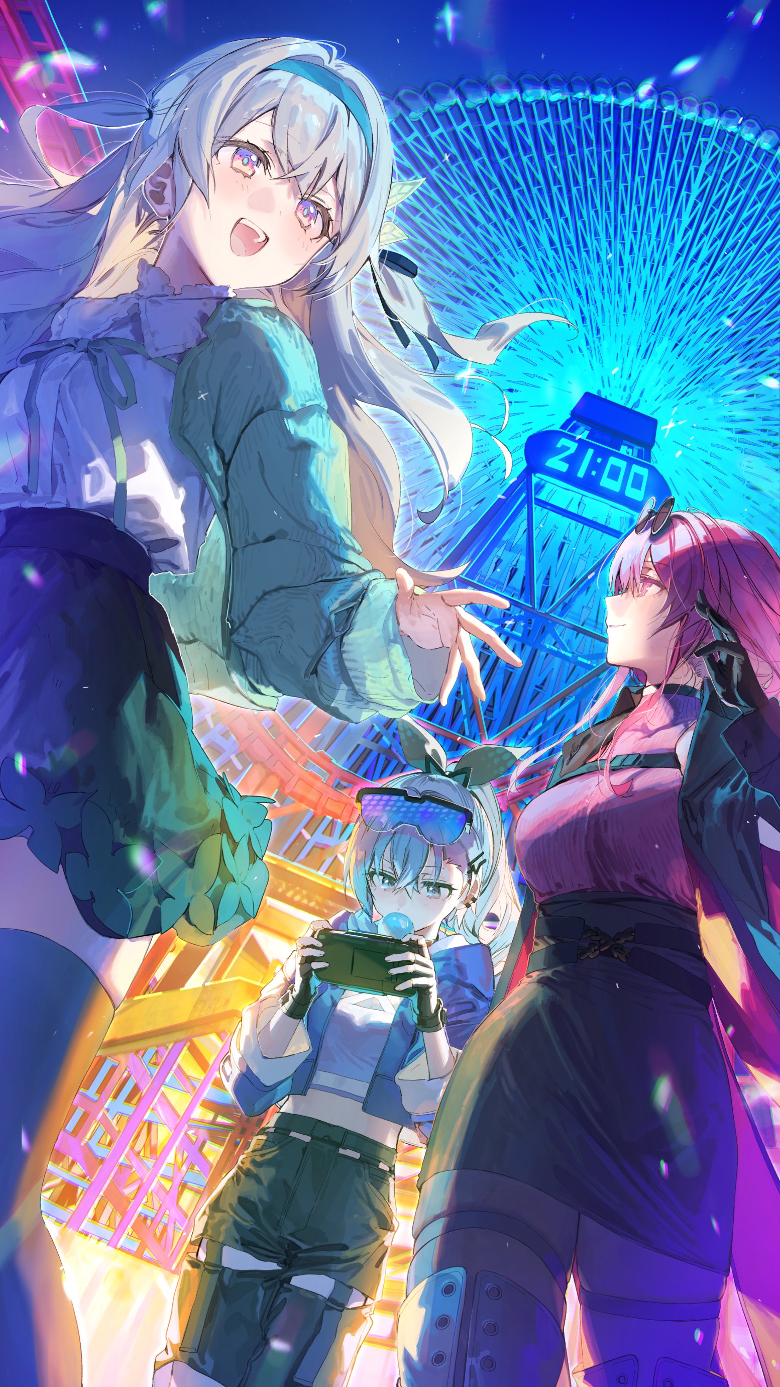 wata (attaka towel), firefly (honkai: star rail), kafka (honkai: star rail), silver wolf (honkai: star rail), honkai: star rail, honkai (series), absurdres, commentary request, highres, 3girls, alternate costume, black gloves, black hairband, black jacket, black pantyhose, black thighhighs, boots, closed mouth, cosmo clock 21, crossed bangs, ferris wheel, fingerless gloves, gloves, goggles, goggles on head, grey hair, guest art, hair between eyes, hair ornament, hairband, jacket, long hair, long sleeves, looking to the side, looking up, multiple girls, night, night sky, open mouth, outdoors, pantyhose, partially open jacket, ponytail, purple hair, purple sweater, round eyewear, shirt, sky, smile, sweater, teeth, thigh boots, thighhighs, upper teeth only, white shirt, yokohama
