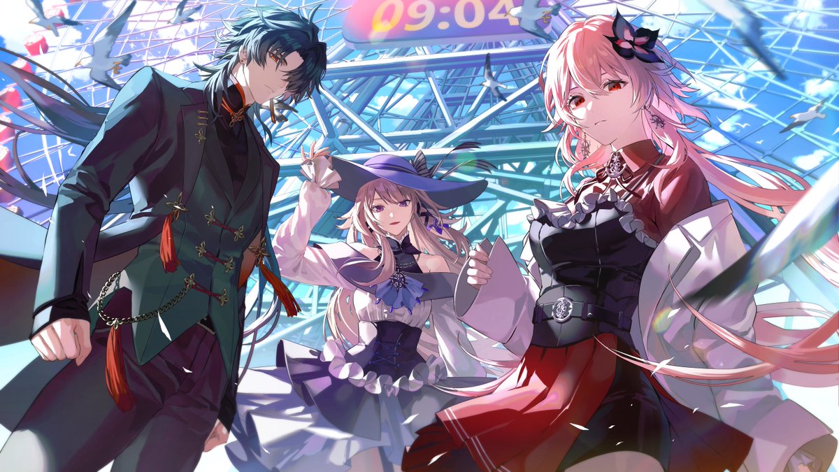koujisako, blade (honkai: star rail), evernight (honkai: star rail), herta (honkai: star rail), march 7th (honkai: star rail), the herta (honkai: star rail), honkai: star rail, honkai (series), commentary request, official art, 1boy, 2girls, ascot, bare shoulders, black corset, black flower, black hair, black jacket, black pants, black shirt, blue ascot, breasts, brown hair, corset, cosmo clock 21, dress, earrings, ferris wheel, flower, frilled dress, frills, green vest, guest art, hair between eyes, hair flower, hair ornament, hat, jacket, jewelry, layered dress, long hair, long sleeves, looking at viewer, mandarin collar, medium breasts, multiple girls, off shoulder, orange eyes, pants, pink hair, purple eyes, purple hat, red dress, red eyes, shirt, sun hat, very long hair, vest, white dress, white jacket, x hair ornament, yokohama