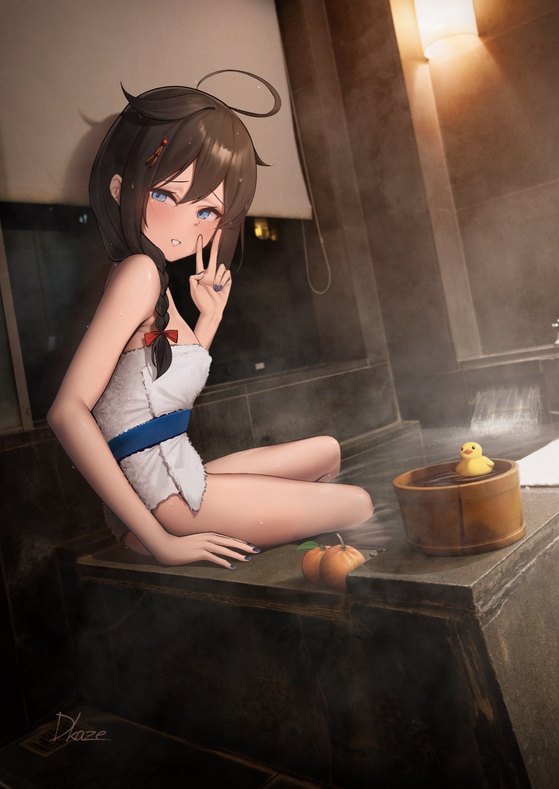 driftkingtw, shigure (kancolle), shigure kai ni (kancolle), kantai collection, highres, 1girl, ahoge, bathtub, blue eyes, blue nails, blush, braid, breasts, brown hair, bucket, food, fruit, hair between eyes, hair flaps, hair over shoulder, indoors, looking at viewer, medium breasts, nail polish, naked towel, orange (fruit), rubber duck, signature, sitting, soaking feet, solo, steam, towel, v, water, wet, wooden bucket