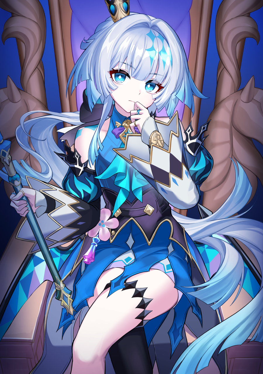 kiki-yu, cerydra (honkai: star rail), honkai: star rail, honkai (series), commentary request, highres, 1girl, blue dress, blue eyes, blue hair, closed mouth, crossed legs, crown, diamond-shaped pupils, diamond (shape), dress, holding, holding wand, long hair, long sleeves, looking at viewer, mini crown, sitting, sitting on throne, sleeveless, sleeveless dress, solo, symbol-shaped pupils, thigh strap, throne, wand, white hair