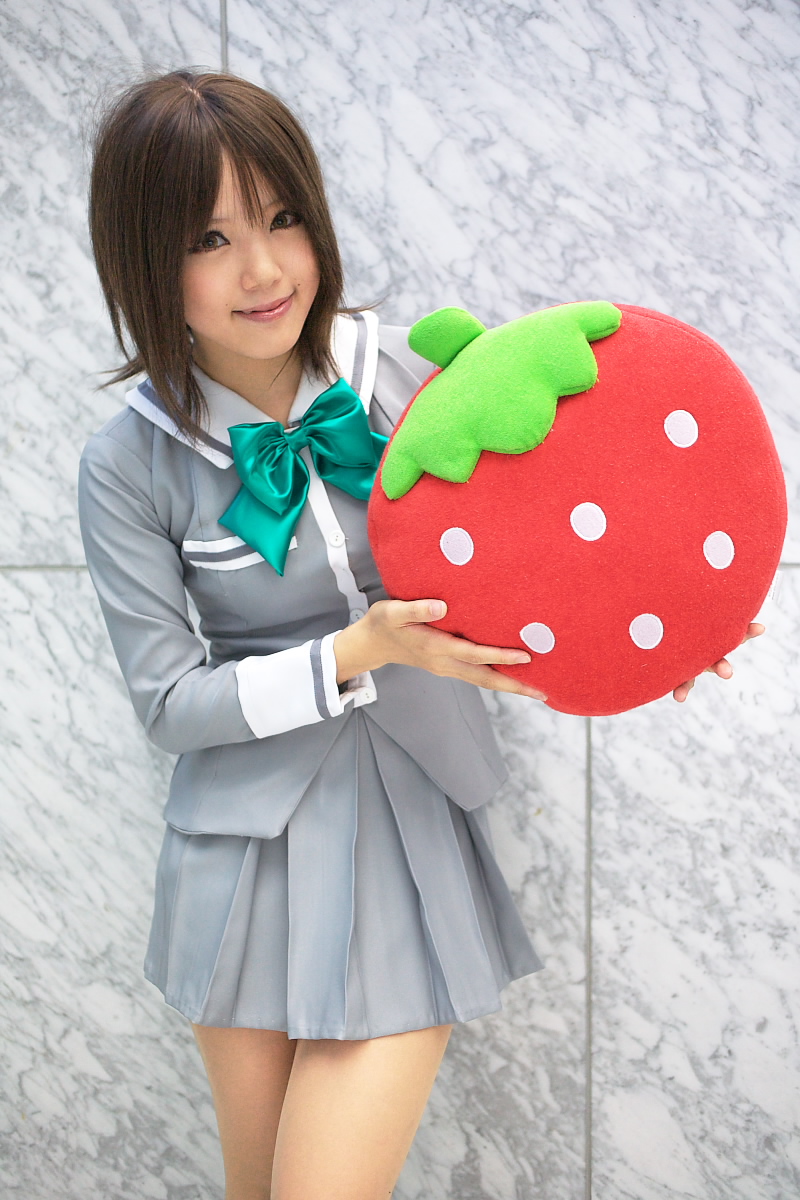 kipi-san, sotomura misuzu, ichigo 100%, highres, photo (medium), 1girl, asian, brown eyes, brown hair, cosplay, female focus, looking at viewer, school uniform, solo, sotomura misuzu (cosplay), strawberry-shaped pillow