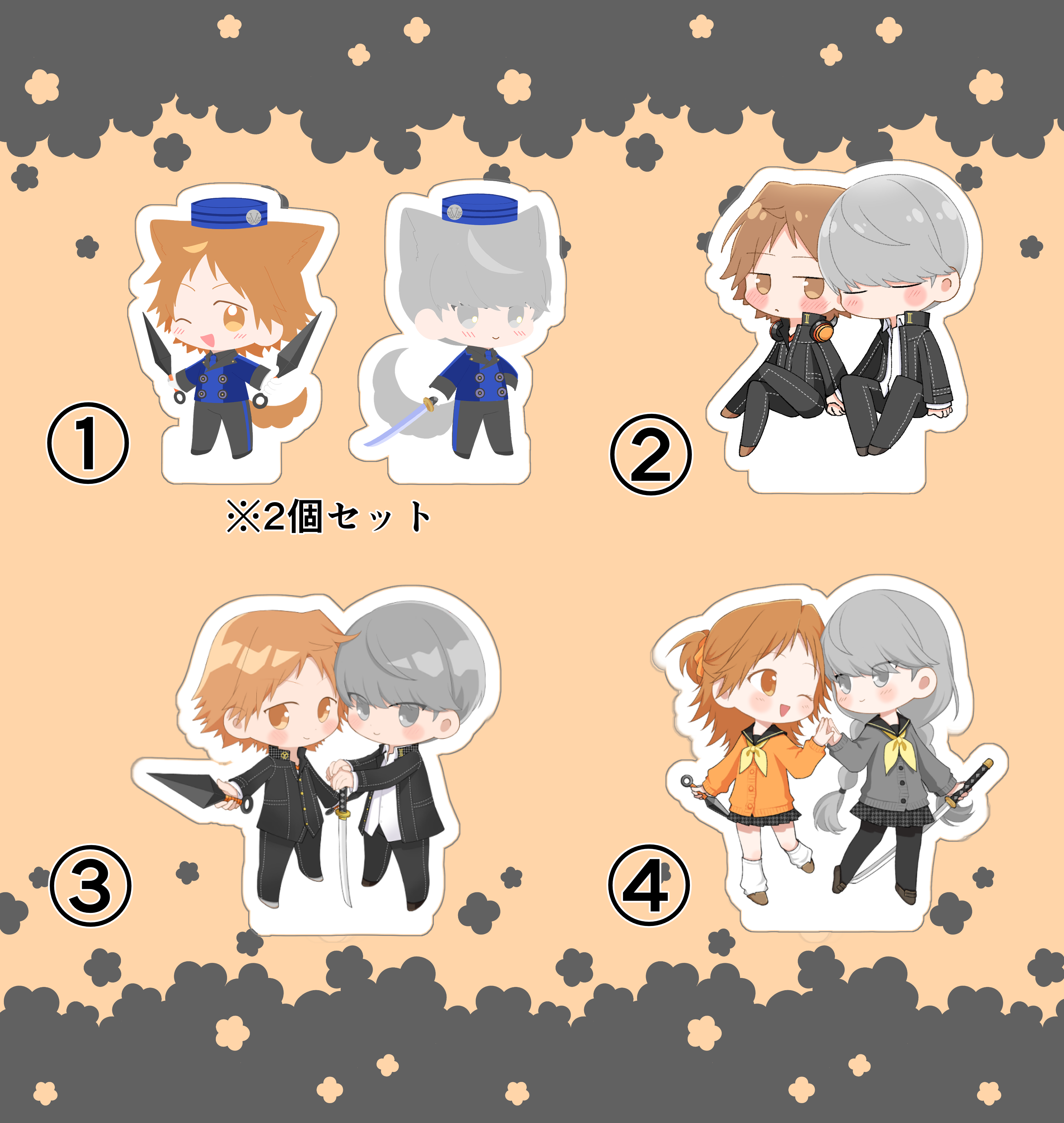 hanamura yousuke, narukami yu, persona, persona 4, absurdres, commentary request, highres, merchandise available, 2boys, 2girls, acrylic stand (medium), animal ears, black jacket, black pants, blue hat, blush, braid, brown eyes, brown hair, cardigan, chibi, chibi only, closed eyes, closed mouth, collared shirt, dog boy, dog ears, dog tail, ebak k3, gakuran, genderswap, genderswap (mtf), grey eyes, grey hair, hat, headphones, headphones around neck, holding, holding hands, holding kunai, holding sword, holding weapon, jacket, kemonomimi mode, kunai, long hair, long sleeves, looking at another, looking at viewer, male focus, multiple boys, multiple girls, multiple views, one eye closed, open mouth, orange background, pants, school uniform, shirt, short hair, simple background, sitting, skirt, smile, standing, sword, tail, twin braids, upper body, weapon, white shirt, yaoi, yasogami school uniform, yuri