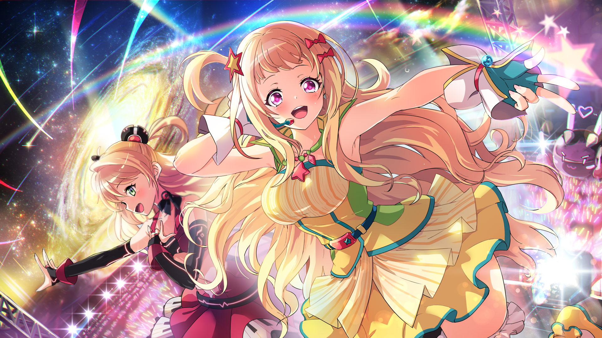 master of eternity, artist request, bad source, highres, 2girls, :3, :d, arm behind head, armpits, audience, belt, black choker, black gloves, blonde hair, blue belt, blue gemstone, blush, bow, breasts, brown hair, choker, concert, crop top, dot nose, dress, dutch angle, elbow gloves, eres (master of eternity), fingerless gloves, galaxy, gem, gloves, glowstick, green eyes, green gloves, hair bow, hair ornament, hand on own chest, headset, heart, idol, idol clothes, jewelry, large breasts, layered skirt, long hair, looking at viewer, multiple girls, multiple hair bows, necklace, one side up, open mouth, outstretched arm, piano print, print skirt, purple eyes, rainbow, red bow, red skirt, red vest, ribbon choker, robot, rody (master of eternity), shoes, shooting star, sideways glance, skirt, sleeveless, sleeveless dress, smile, space, stage, stage lights, standing, standing on one leg, star (symbol), star hair ornament, teeth, thighhighs, thighs, underbust, upper teeth only, very long hair, vest, white wrist cuffs, wrist cuffs, yellow dress, yellow shoes, zettai ryouiki