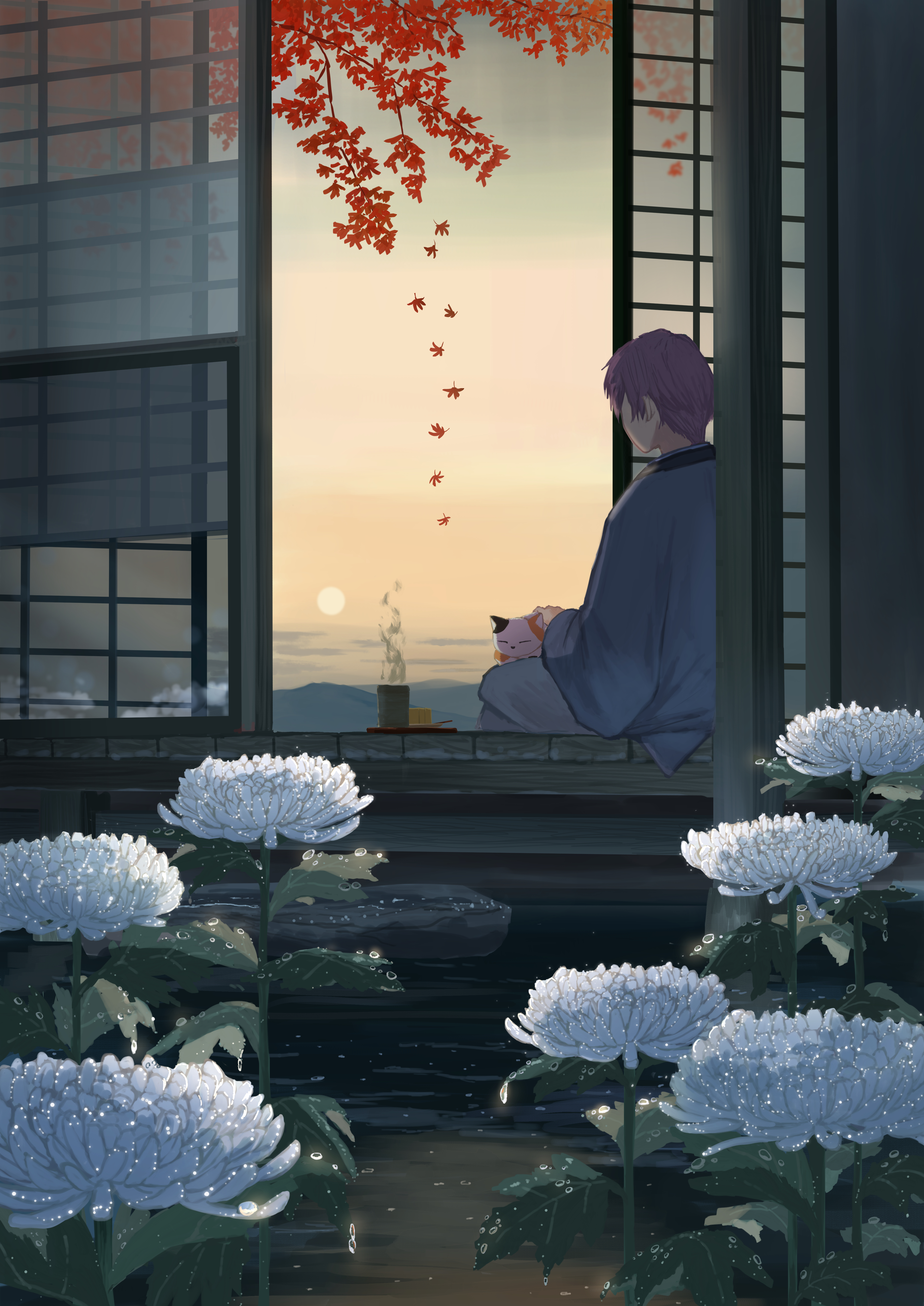 santo moco, original, absurdres, commentary request, highres, 1boy, animal, autumn leaves, building, cat, falling leaves, flower, from behind, grey flower, grey hair, grey kimono, japanese clothes, kimono, leaf, long hair, male focus, orange sky, pet, petting, pond, scenery, short hair, shouji, sitting, sky, sliding doors, sun, sunset, very short hair, water, water drop, wide sleeves