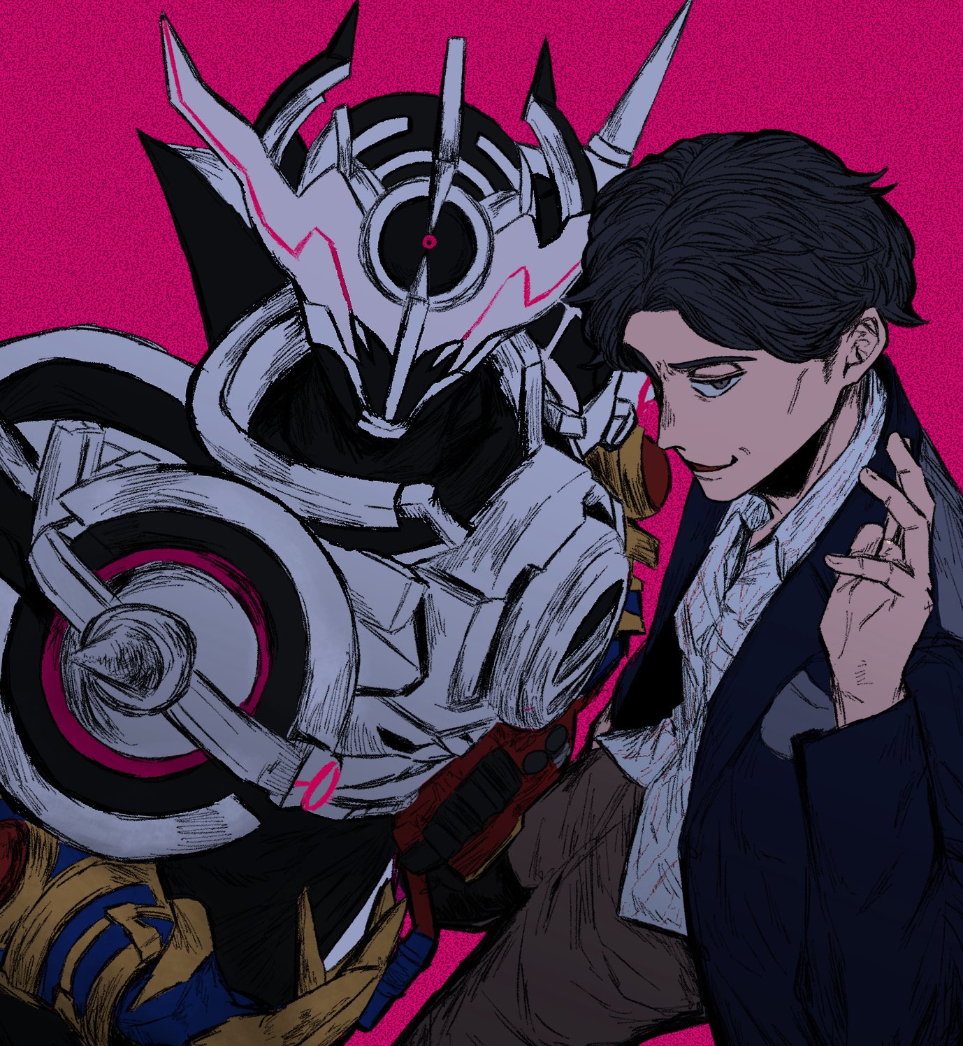 tantotete904, evolto, isurugi souichi, kamen rider evol, kamen rider, kamen rider build (series), commentary request, highres, 2boys, alien, armor, black hair, bodysuit, brown hair, closed mouth, collared shirt, evol blackhole, evol driver, evol trigger, full armor, fullbottle, gloves, glowing, gold armor, hand up, helmet, jacket, long sleeves, looking at viewer, male focus, multiple boys, pants, red eyes, rider belt, science fiction, shirt, short hair, shoulder armor, shoulder spikes, smile, spikes, tokusatsu, upper body, white armor
