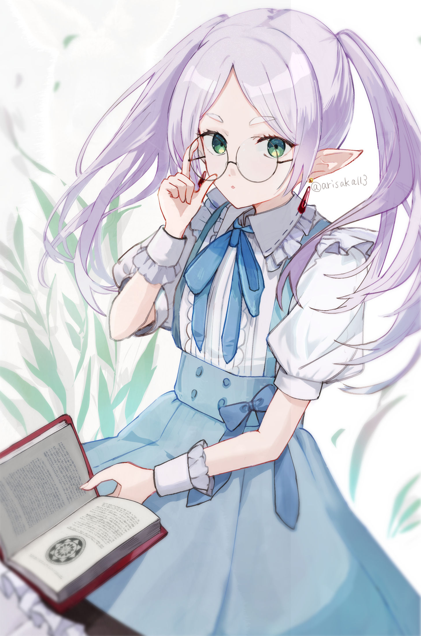 arisaka luna, frieren, sousou no frieren, commentary request, highres, 1girl, adjusting eyewear, artist name, blue skirt, book, earrings, elf, green eyes, high-waist skirt, holding, holding book, jewelry, long hair, looking at viewer, parted bangs, pointy ears, round eyewear, shirt, skirt, standing, suspender skirt, suspenders, teardrop earrings, thick eyebrows, twintails, white shirt, white wrist cuffs, wrist cuffs