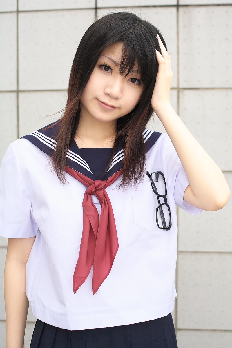 hand on head, highres, photo (medium), 1girl, black-framed eyewear, black skirt, brown eyes, brown hair, cosplay, female focus, glasses, hand up, head tilt, light smile, long hair, looking at viewer, momoneko haru, neckerchief, pleated skirt, sailor collar, school uniform, serafuku, shirt, short sleeves, skirt, smile, solo, unworn eyewear, white shirt
