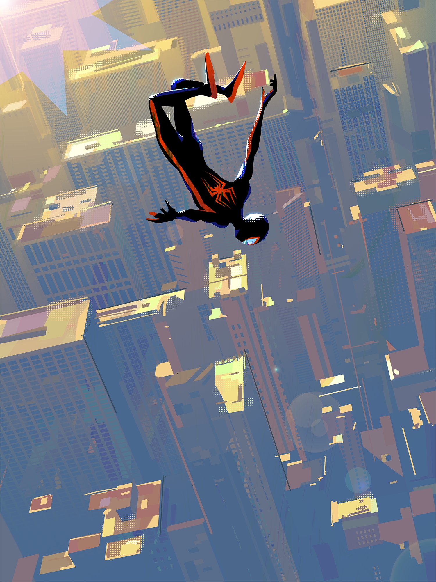 muim saj, miles morales, spider-man (miles morales), marvel, spider-man: across the spider-verse, spider-man (series), spider-verse, highres, 1boy, back, black skin, bug, city, cityscape, colored skin, fly, insect, looking down, outstretched arms, urban