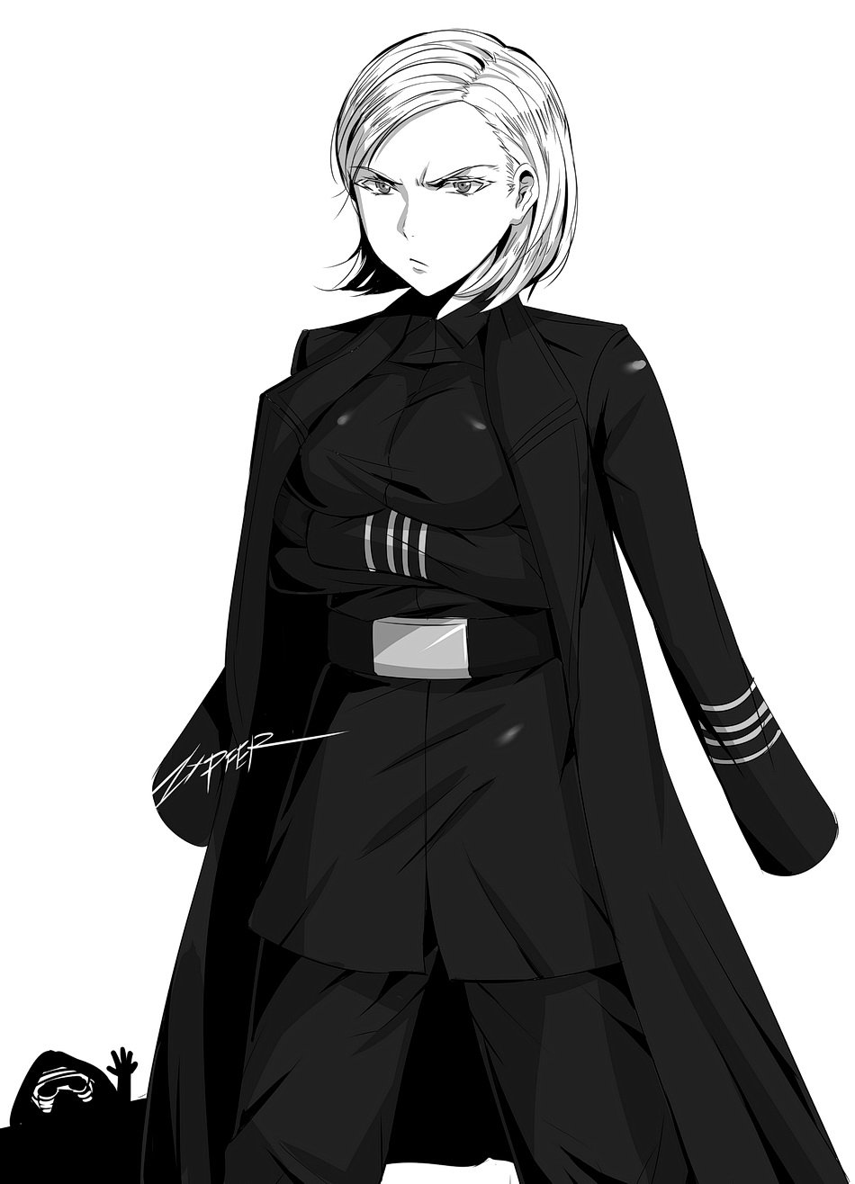 zxpfer, general hux, kylo ren, star wars, star wars: the force awakens, star wars: the last jedi, highres, 1boy, 1girl, arms under breasts, belt, breasts, chibi, crossed arms, first order, frown, genderswap, genderswap (mtf), greyscale, hand up, jacket, jacket on shoulders, large breasts, military uniform, monochrome, pout, short hair, signature, tunic, white background