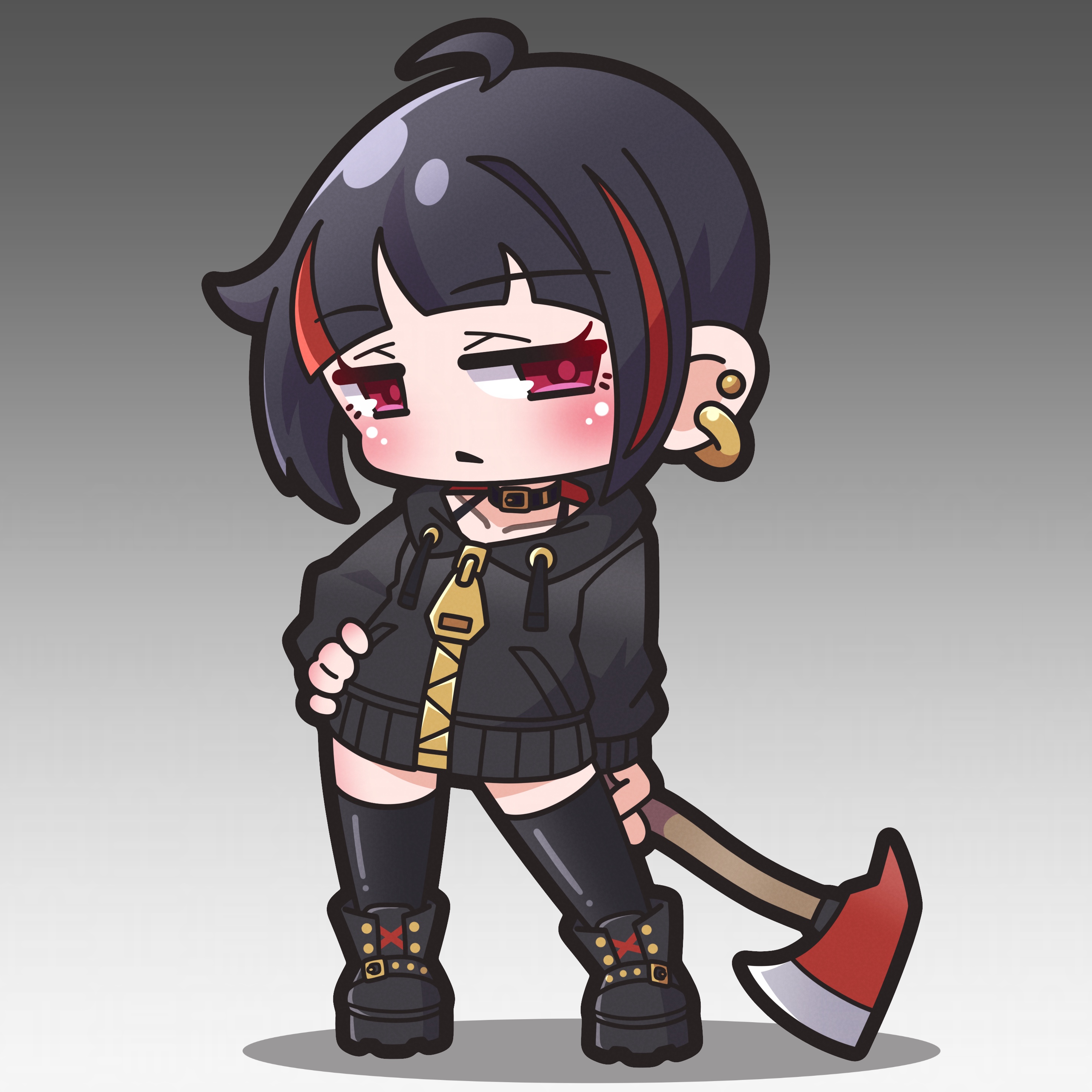 saishosaisekojo, original, absurdres, commentary request, highres, 1girl, ahoge, axe, black boots, black collar, black hair, black jacket, black thighhighs, blush, boots, chibi, closed mouth, collar, collarbone, drawstring, ear piercing, fire axe, full body, gradient background, grey background, half-closed eyes, hand on own hip, holding, holding axe, hood, hood down, hooded jacket, jacket, long sleeves, looking at viewer, multicolored hair, piercing, puffy long sleeves, puffy sleeves, red eyes, red hair, sasaki noa (saishosaisekojo), shadow, sleeves past wrists, solo, standing, streaked hair, thighhighs, thighhighs under boots
