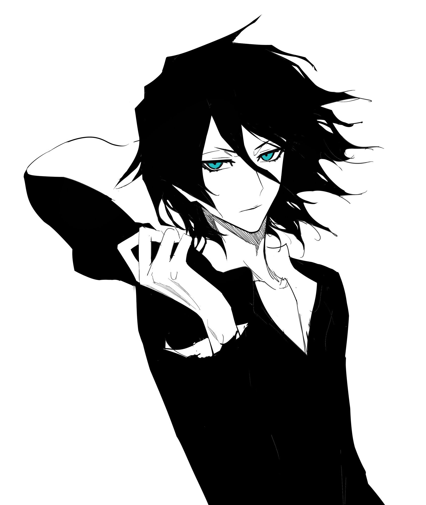 zangjun, zangetsu (bleach), bleach, bad id, bad twitter id, highres, 1boy, black hair, blue eyes, closed mouth, flat color, hair between eyes, holding, limited palette, long hair, long sleeves, looking at viewer, male focus, partially colored, simple background, solo, spot color, tensa zangetsu (bankai), upper body