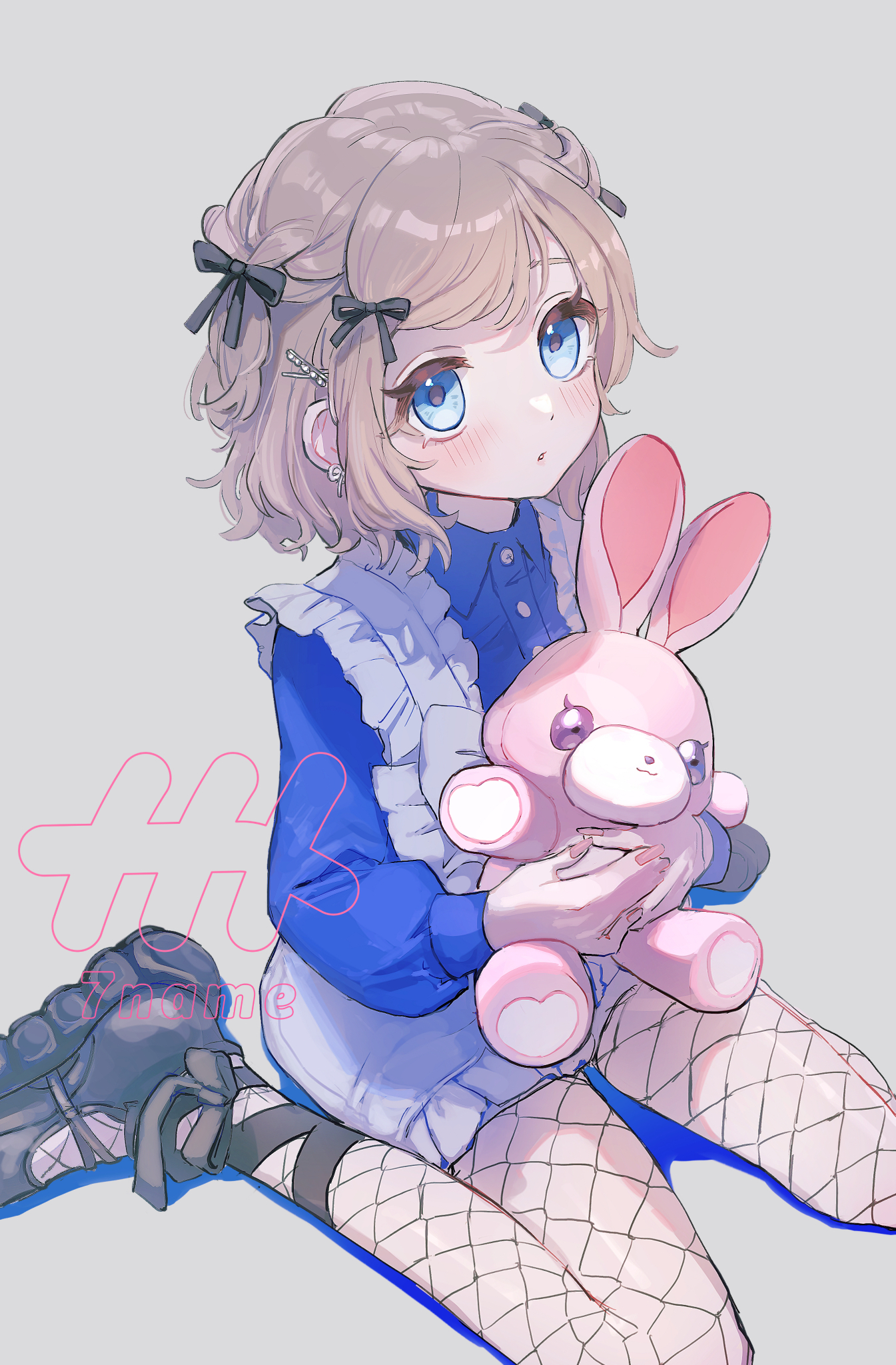 naname (7name), yamada suzume, indie virtual youtuber, commentary, highres, 1girl, :o, black bow, black ribbon, black shoes, blue eyes, blue shirt, blush, bow, brown hair, collared shirt, earrings, fingernails, fishnet pantyhose, fishnets, frilled skirt, frilled suspenders, frills, from above, full body, grey background, hair bow, hair ornament, hairclip, holding, holding stuffed toy, jewelry, leg ribbon, long sleeves, looking at viewer, looking to the side, looking up, medium hair, miniskirt, nail polish, pantyhose, parted bangs, parted lips, pink nails, ribbon, shirt, shoes, sideways glance, simple background, sitting, skirt, solo, stuffed animal, stuffed rabbit, stuffed toy, suspender skirt, suspenders, two side up, virtual youtuber, wariza